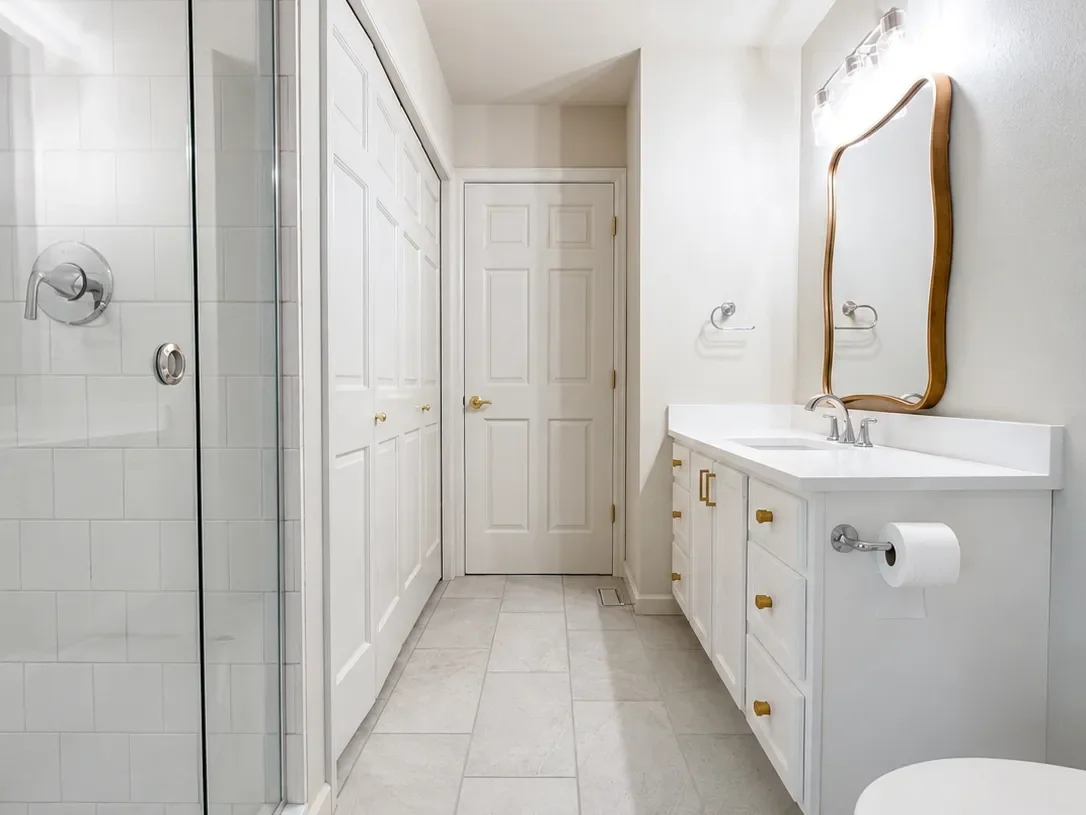 Minimal bathroom remodel in Gunbarrel, CO featuring all white design, frameless glass swinging door walk-in shower, large panel ceramic floor tiles, and white shaker style vanity with gold hardware and scalloped-edge vanity mirror.