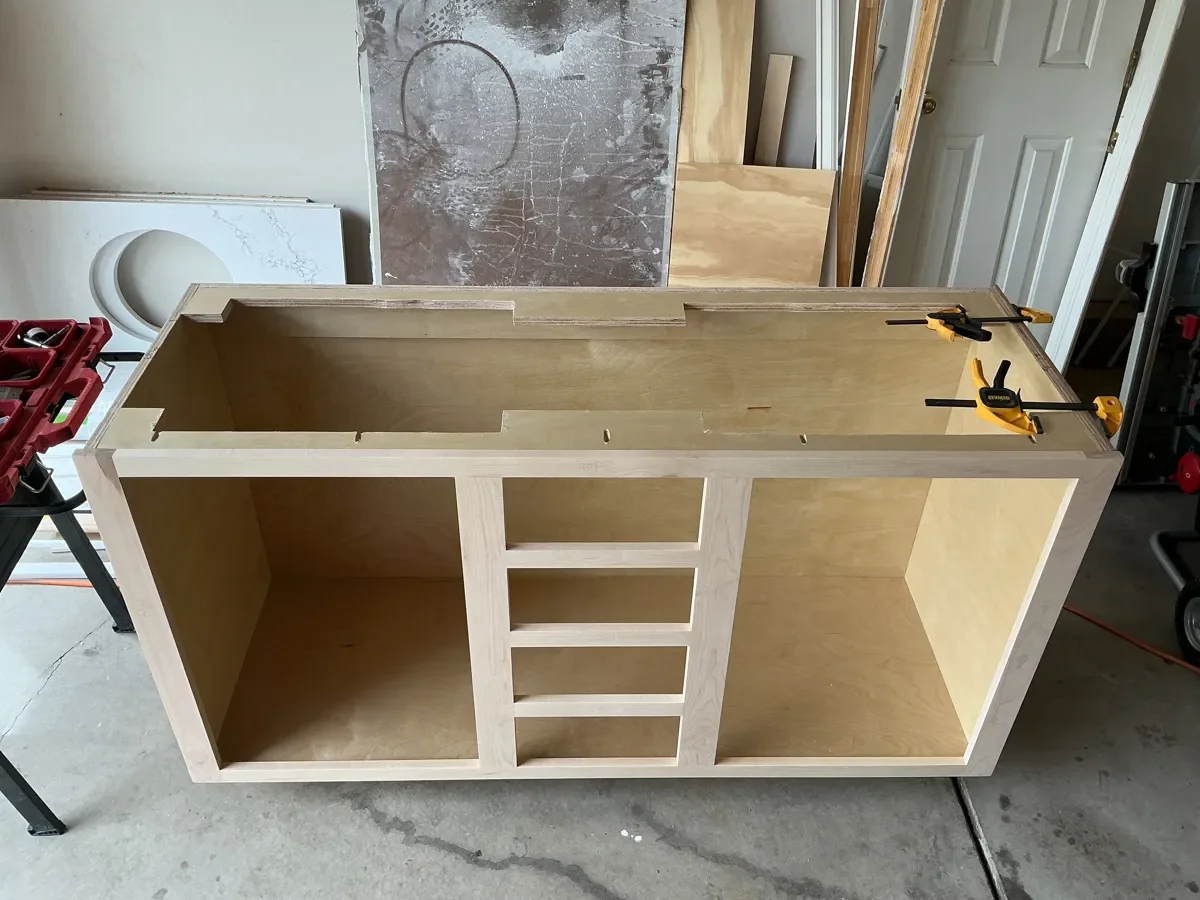 Partially constructed custom double vanity, part of a bathroom remodel in progress in Table Mesa, Boulder CO