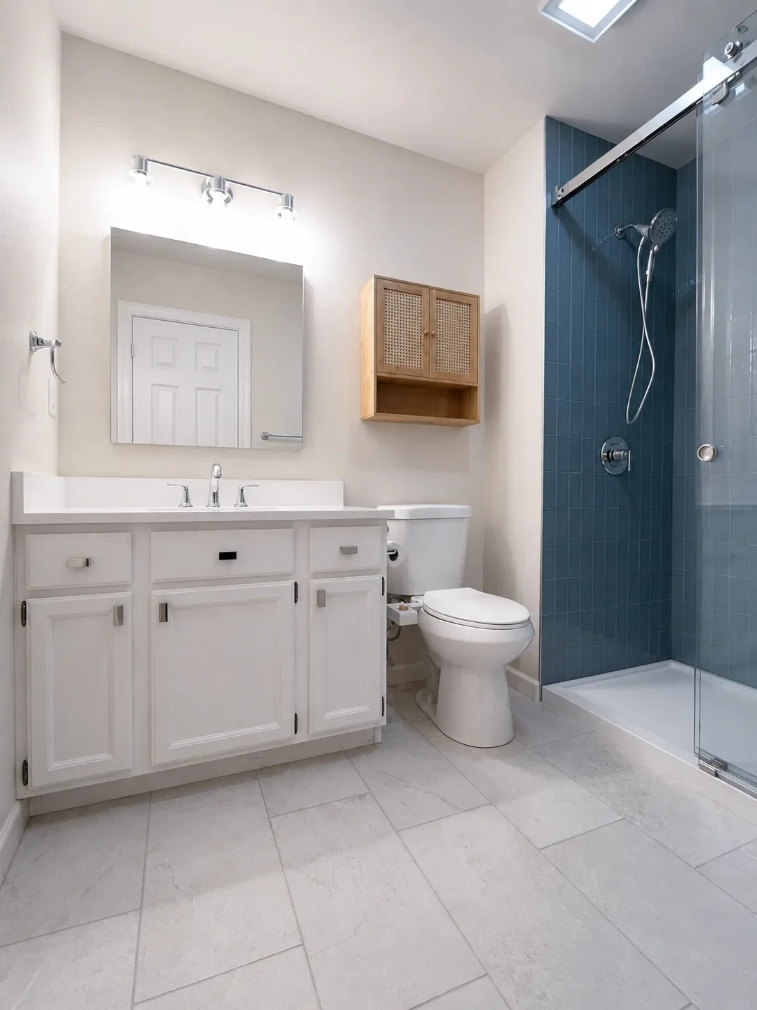 Budget bathroom remodel in Gunbarrel, CO with sliding glass walk-in shower, light blue soldiered shower tile, recessed shower niche shelf, large panel gray tile floors, and simple white single vanity with frameless glass mirror