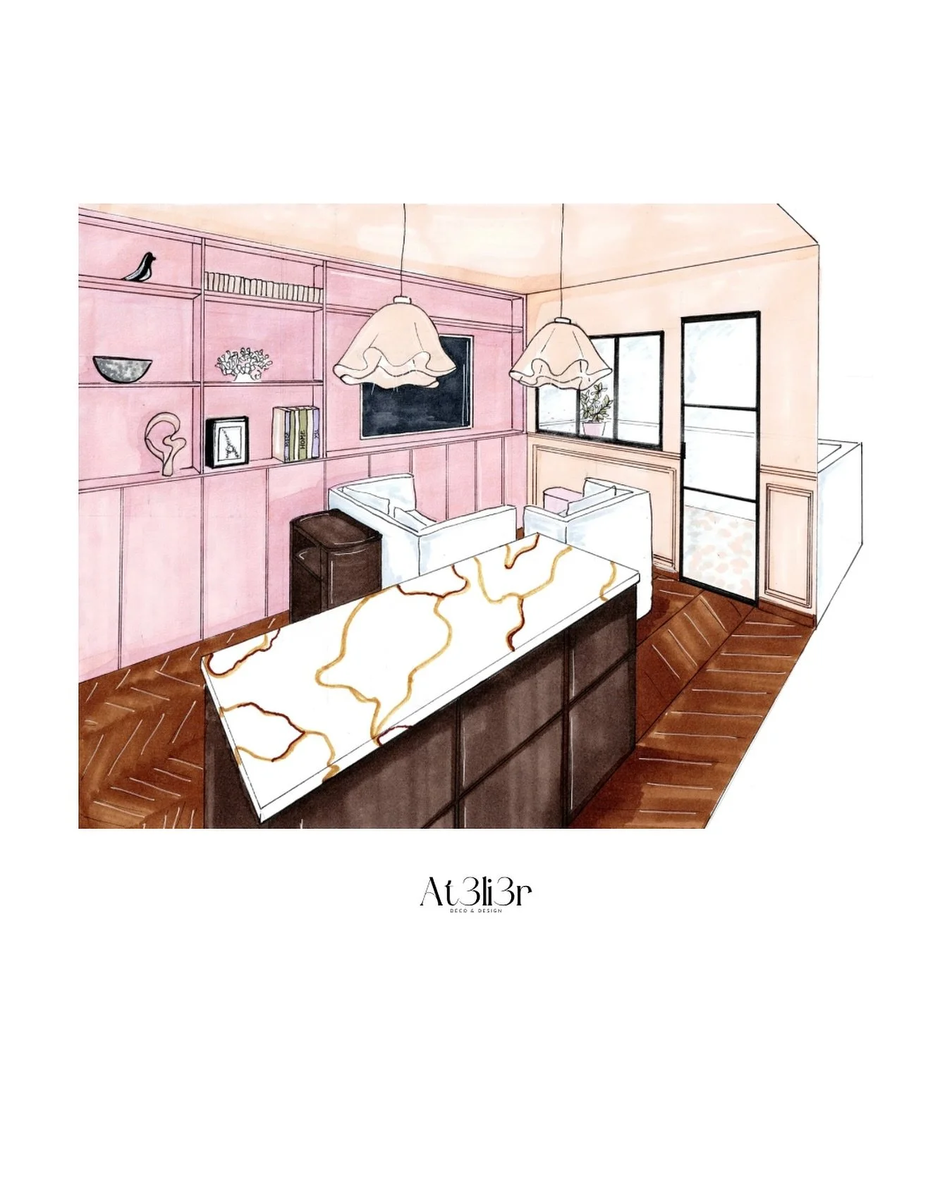 Premier dessin de l&rsquo;appartement parisien, la vue du salon. 

Est ce que vous vous imagineriez bien dans ce  futur airbnb ? 
Une id&eacute;e pour votre logement, envie d&rsquo;en discuter? &Eacute;crivez moi ! 

#decorationdinterieur #decoration