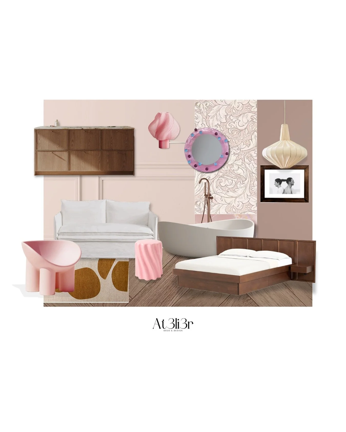 La planche d&rsquo;ambiance pour l&rsquo;appartement parisien &laquo;&nbsp;Chic, tendance et love story&nbsp;&raquo;. 

J&rsquo;y ai pass&eacute; des heures, j&rsquo;aime particuli&egrave;rement ce projet. Il me reste &agrave; le dessiner ! 

Qu&rsqu