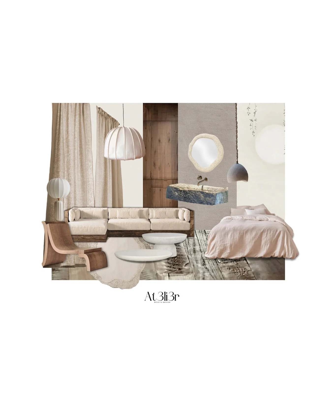 Deuxi&egrave;me proposition pour l&rsquo;appartement parisien - ambiance wabi sabi 🍃

Quelle ambiance vous pr&eacute;f&eacute;rez ? Love story ou Wabi sabi ? 

#decoratricedinterieur #design #plancheambiance #wabisabi #nature #imparfait #appartement