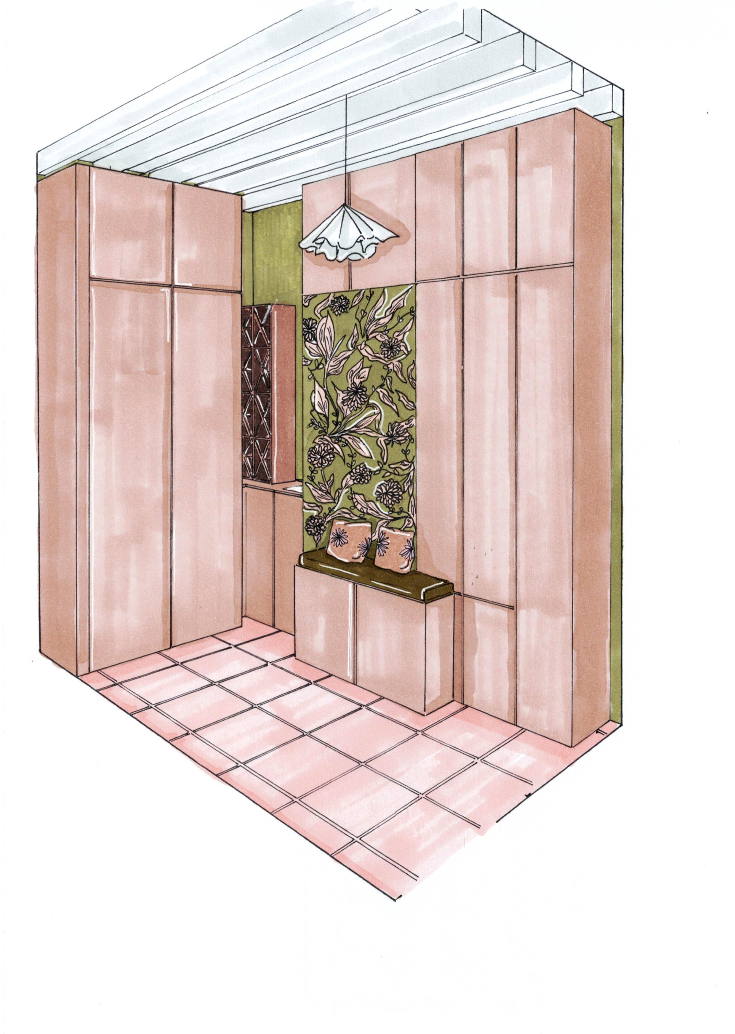 Dessin couleurs aménagement buanderie placards et papier peint Sandberg meubles