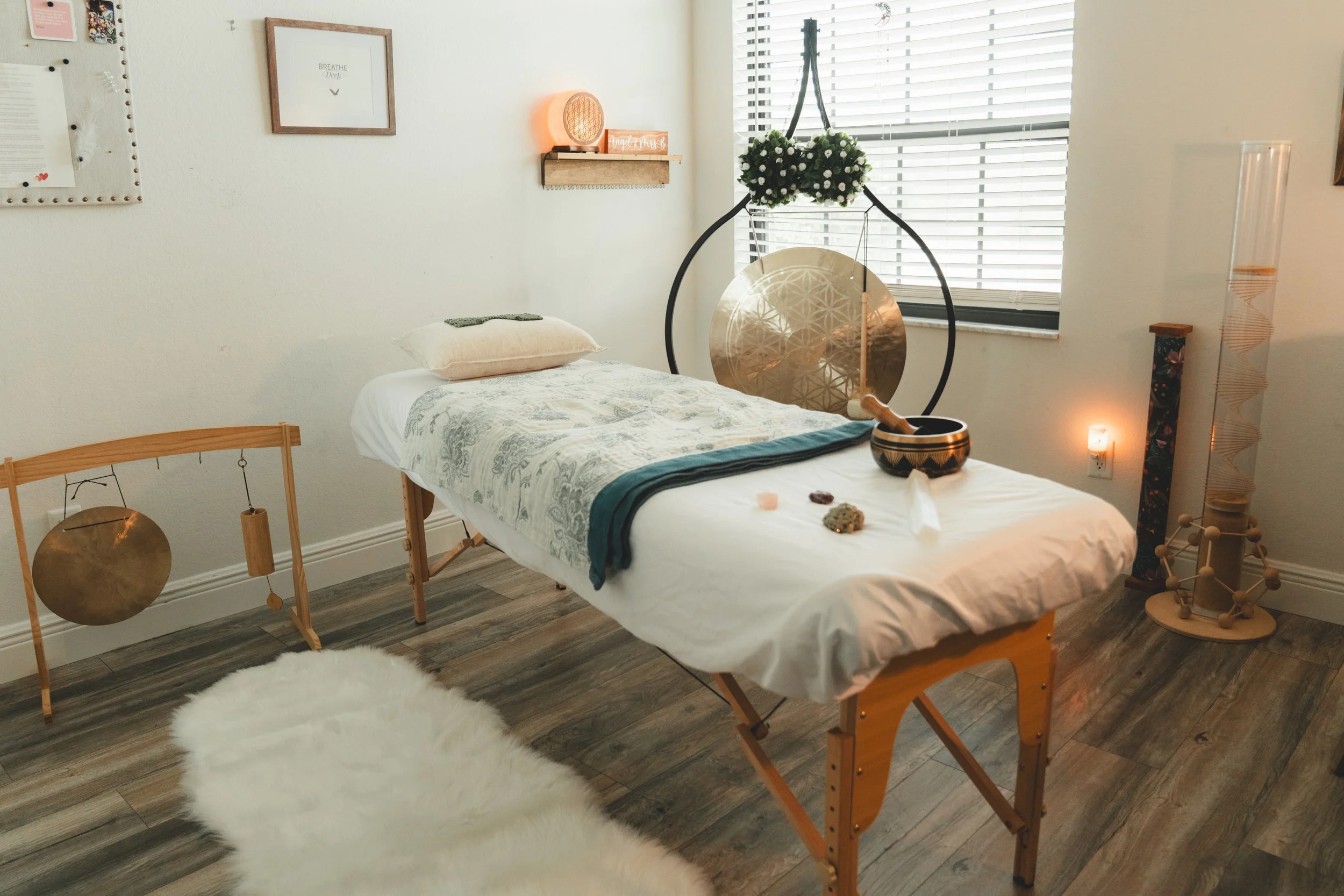 Peaceful healing room where clients experience Reiki, sound healing, meditation, energy work, and nervous system relaxation at Angel and Mrs. B in Cape Coral, Florida. Cape Coral, Florida