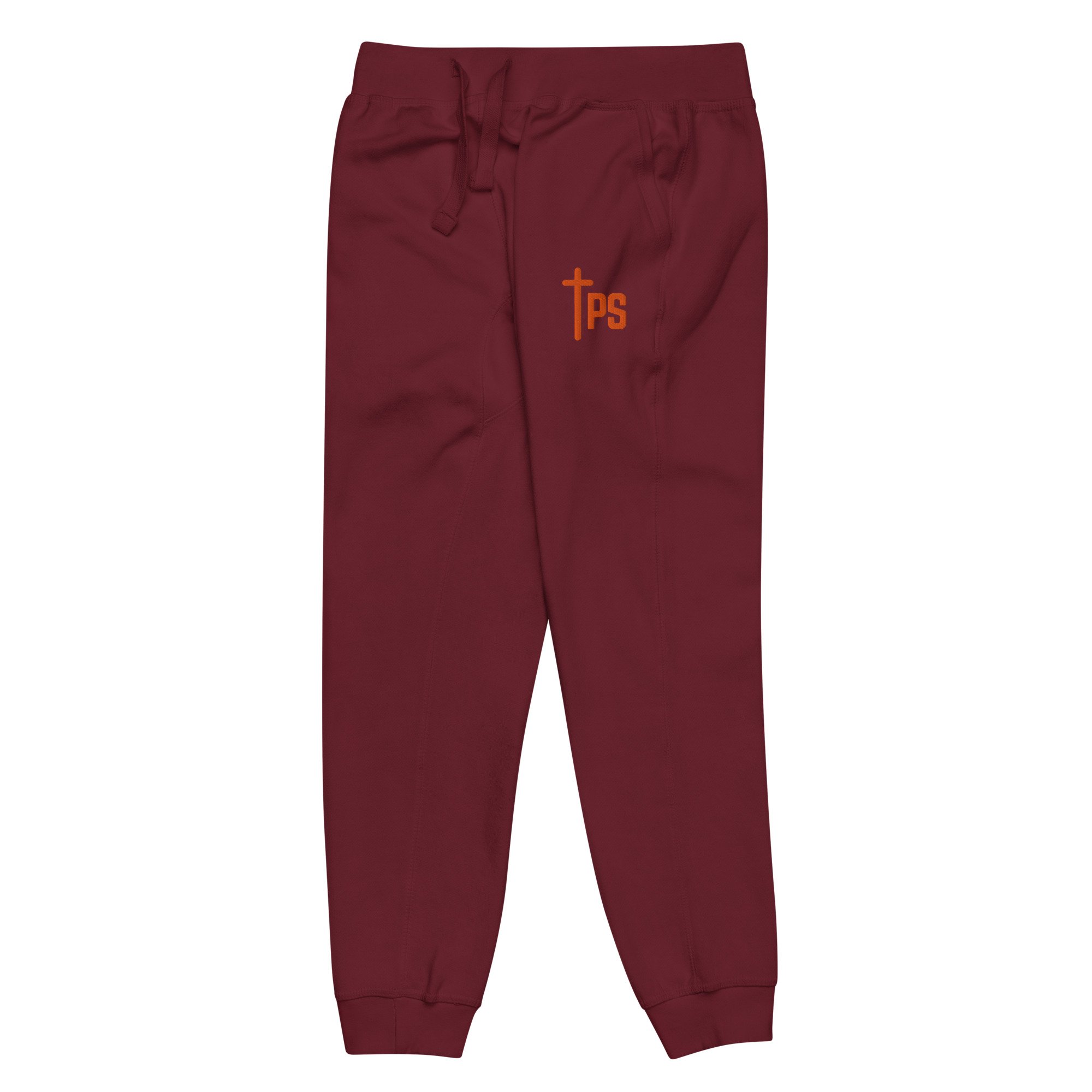 unisex-fleece-sweatpants-maroon-front-left-67536b262cab5.jpg