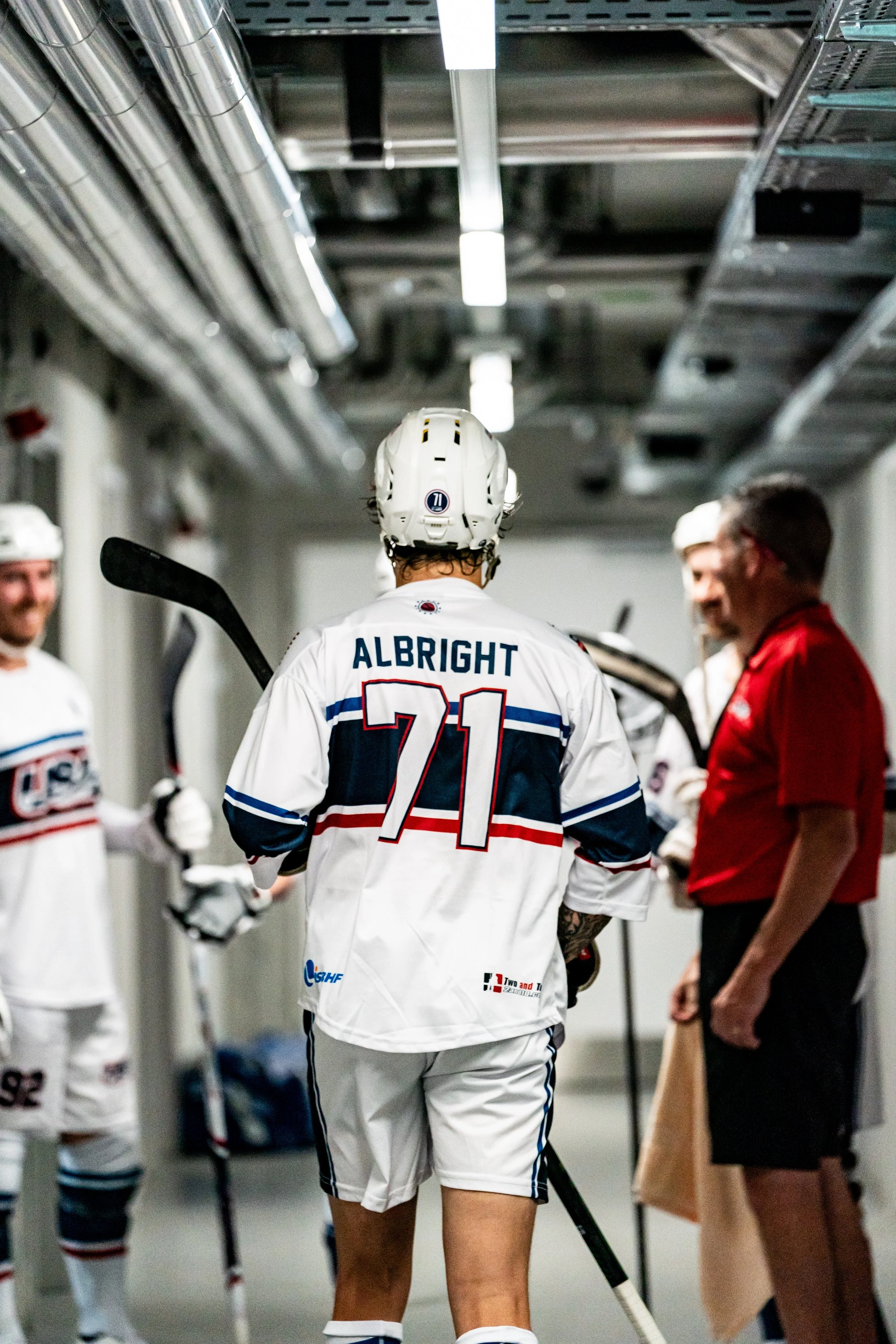 Ball hockey superstar Jordan Albright walks up the tunnel ahead of game 1