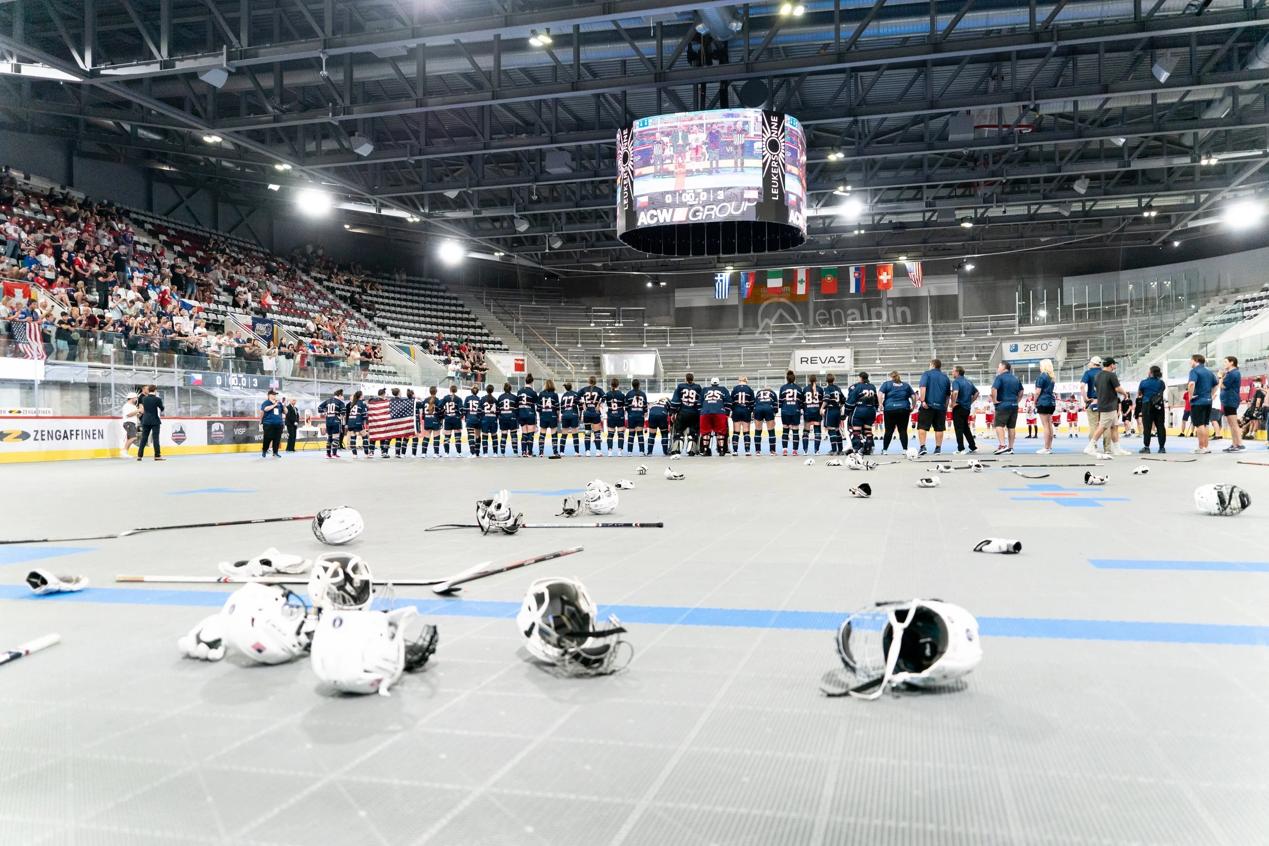 The rink is littered with equipment after team USA Women win the gold Medal!