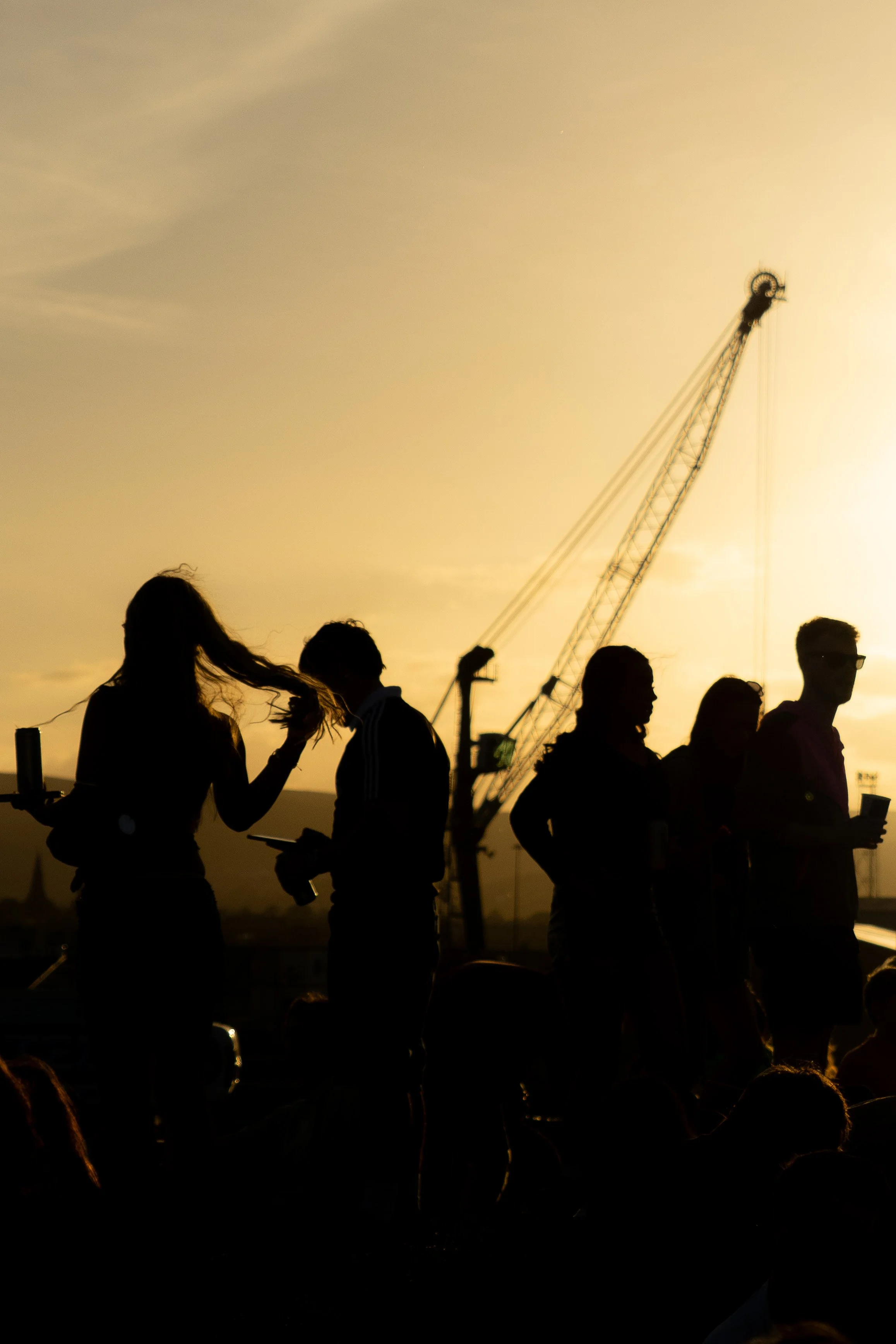 Silhouettes of people standing at AVA Festival in Belfast at sunset with the iconic cranes in the background.