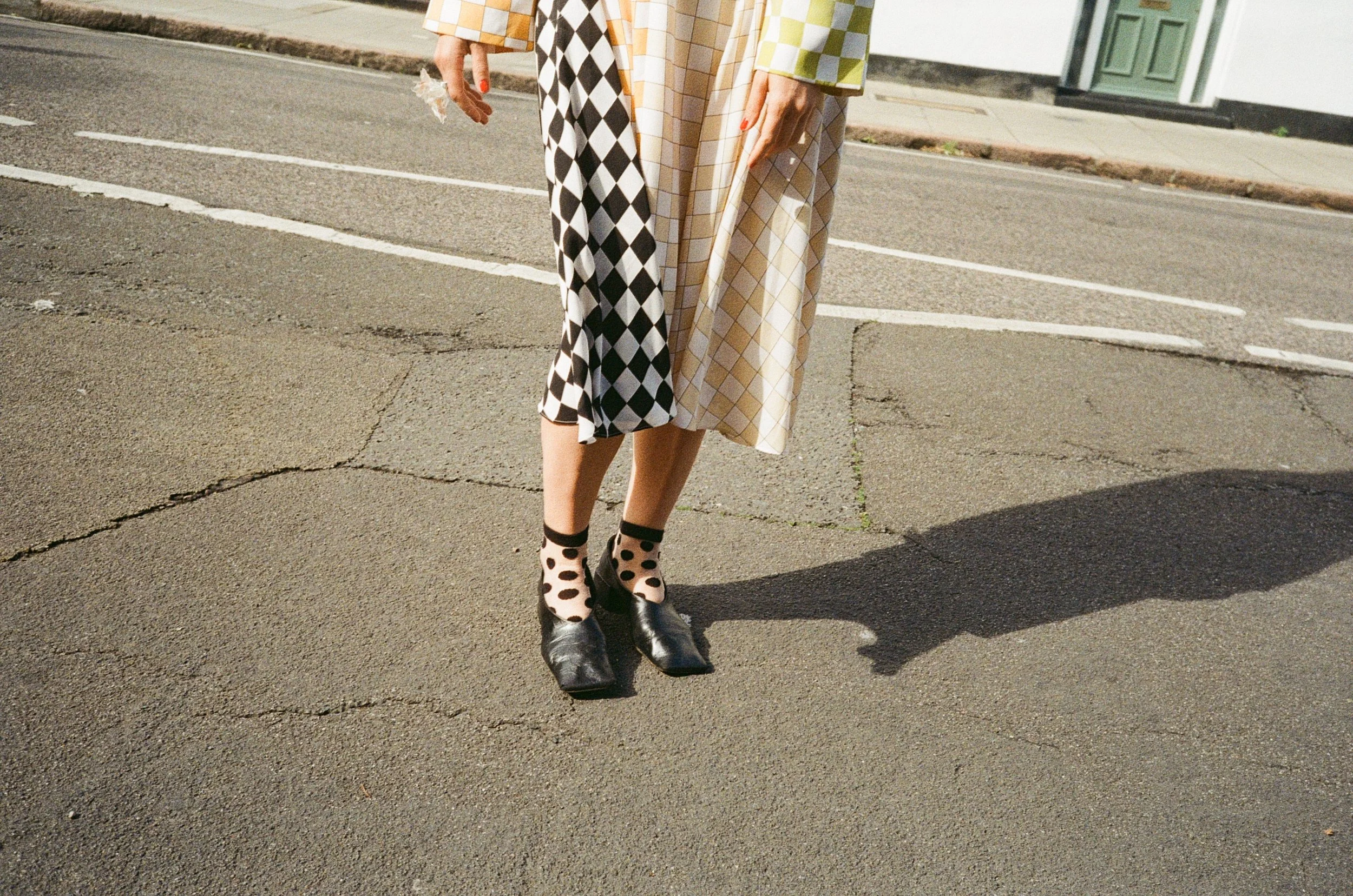 Clara wearing Miista shoes in London