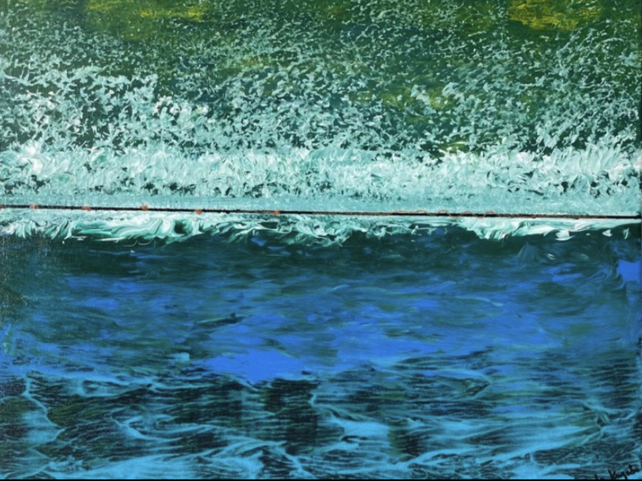 Close-up of a wave in the ocean with splash and foam, possibly after crashing, in vibrant blue and green hues.