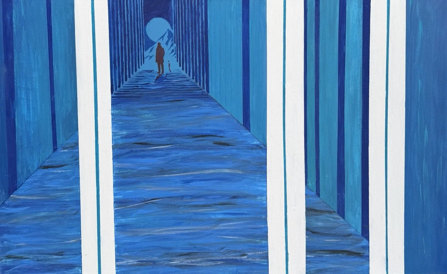 A painting of a blue corridor with vertical stripes on the walls, leading to a circular opening with a person and a shadow walking towards ia mountain under a blue moon.