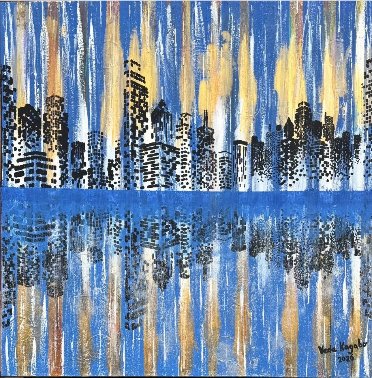 Abstract painting of a city skyline with tall buildings reflected in water, using blue, yellow, white, and black colors.