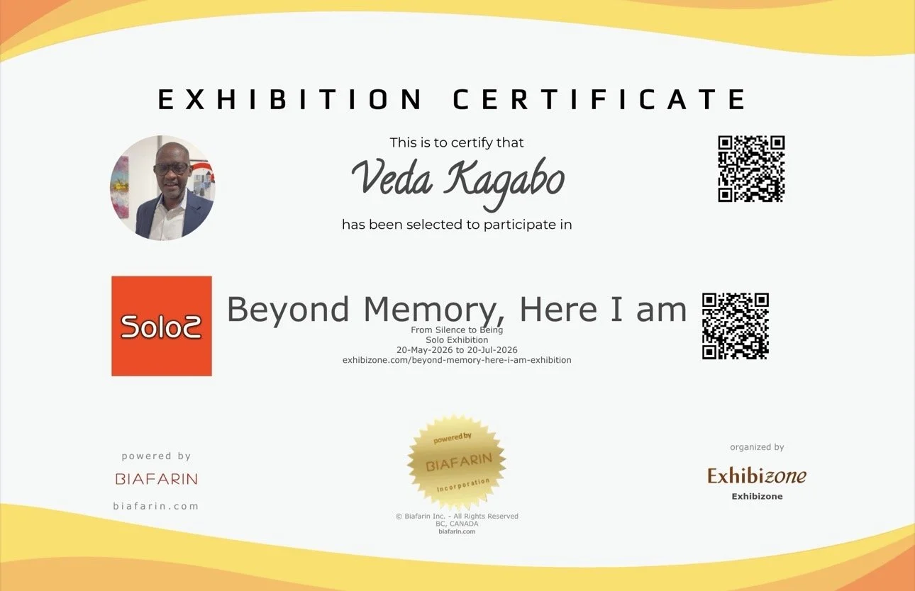 Exhibition certificate for Veda Kagabo’s 2026 solo exhibition, “Beyond Memory, Here I Am,” presented by Exhibizone.
