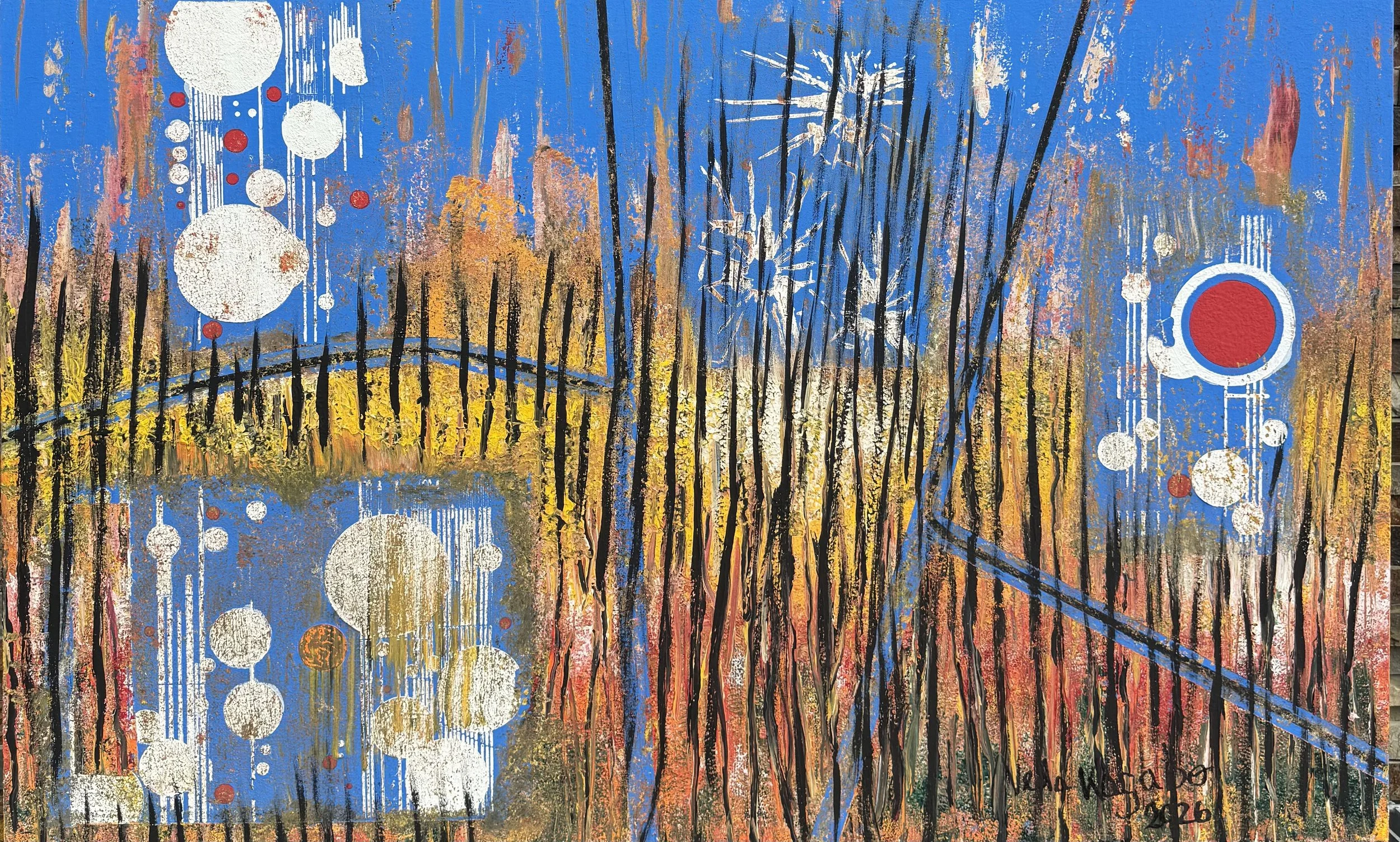 An abstract painting with a vibrant blue background, black vertical lines resembling tall grass or reeds, white and red circular shapes connected by vertical lines suggesting a futuristic or cosmic theme, and orange and yellow textured areas at the bottom suggesting a horizon or landscape.