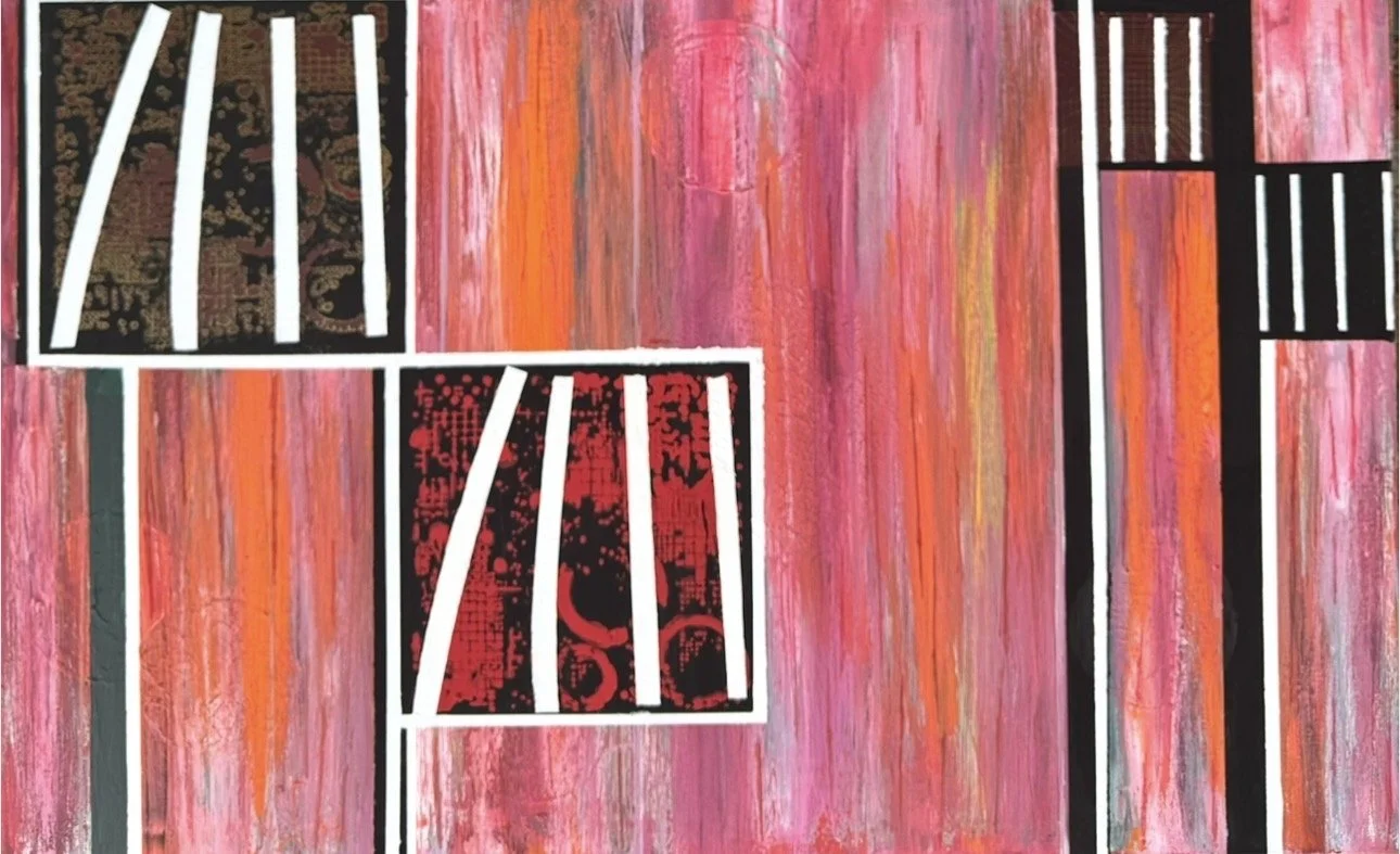Abstract painting featuring orange, pink, red, purple, and black colors with white vertical and diagonal lines, some with textured patters