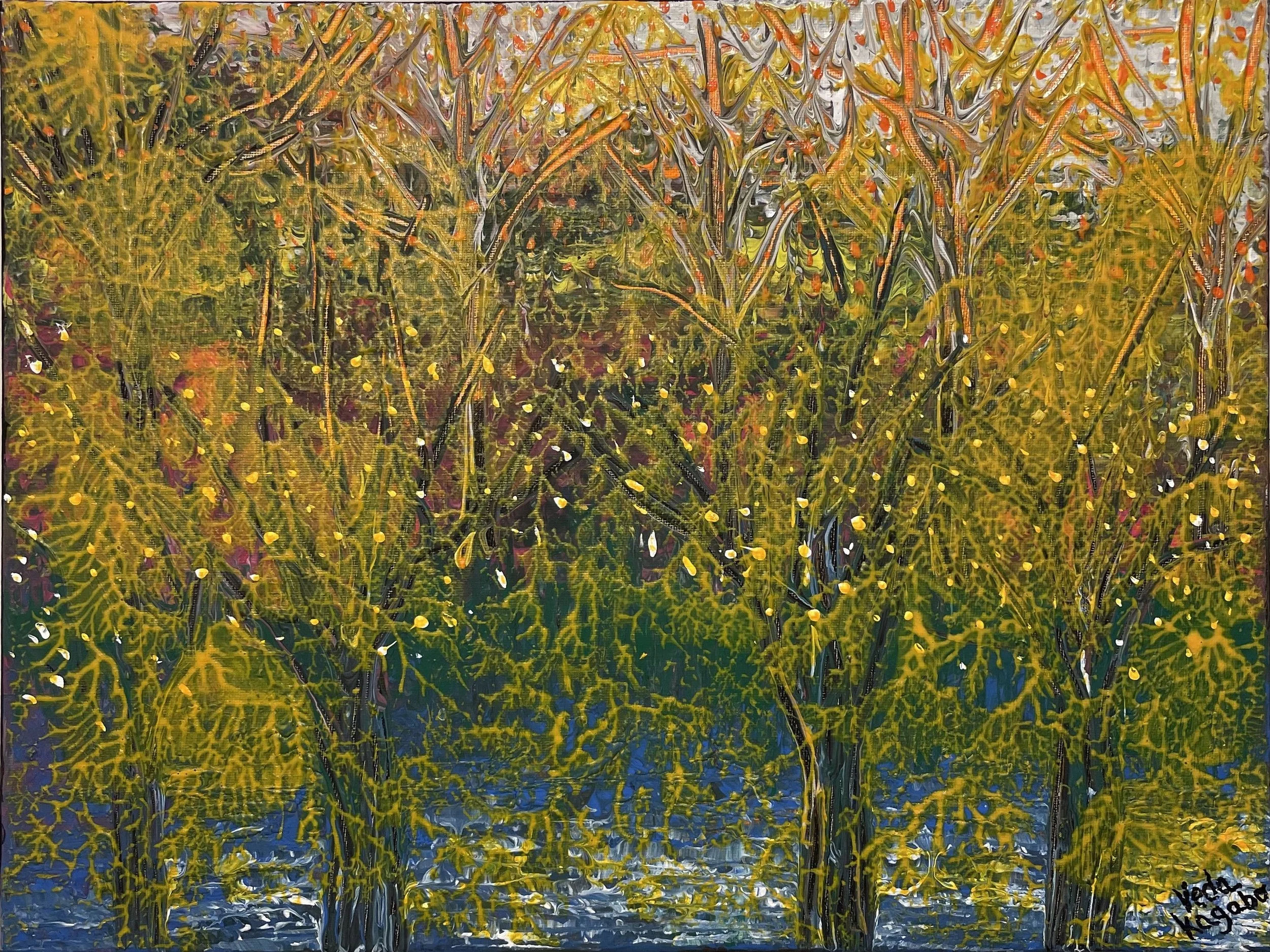 Abstract painting of a yellow and green plant scene with splashes of orange, white, black, and blue.