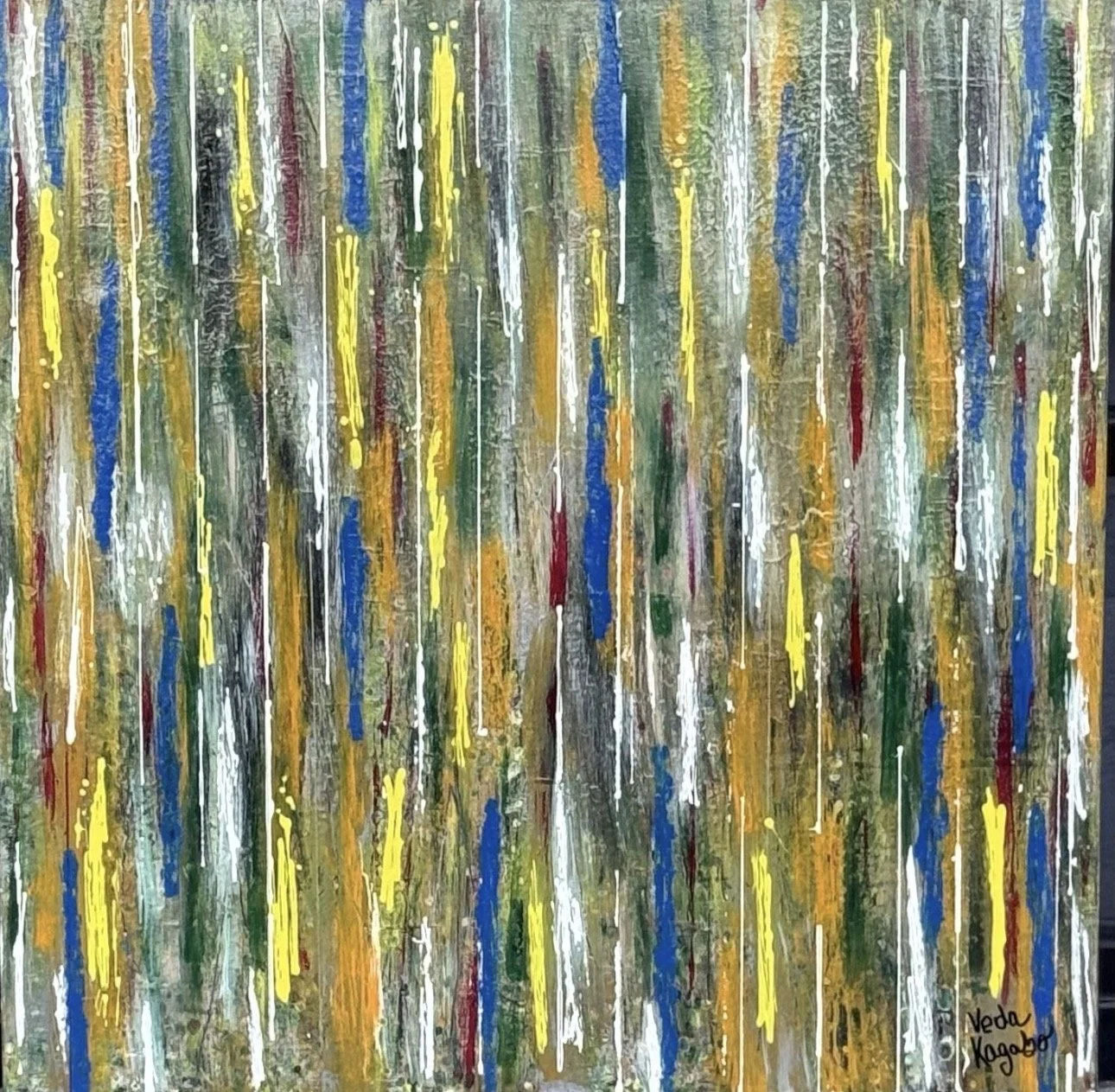 Abstract painting with colorful vertical streaks of yellow, blue, white, red, green, orange, and black on a textured background.