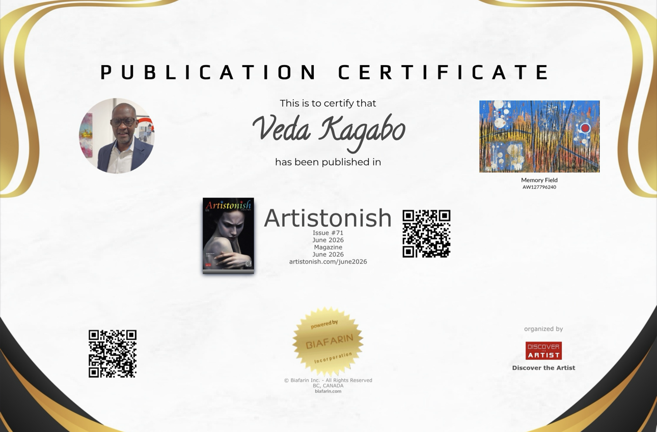 Publication certificate recognizing Veda Kagabo’s inclusion in Artistonish magazine, Issue 71, June 2026.