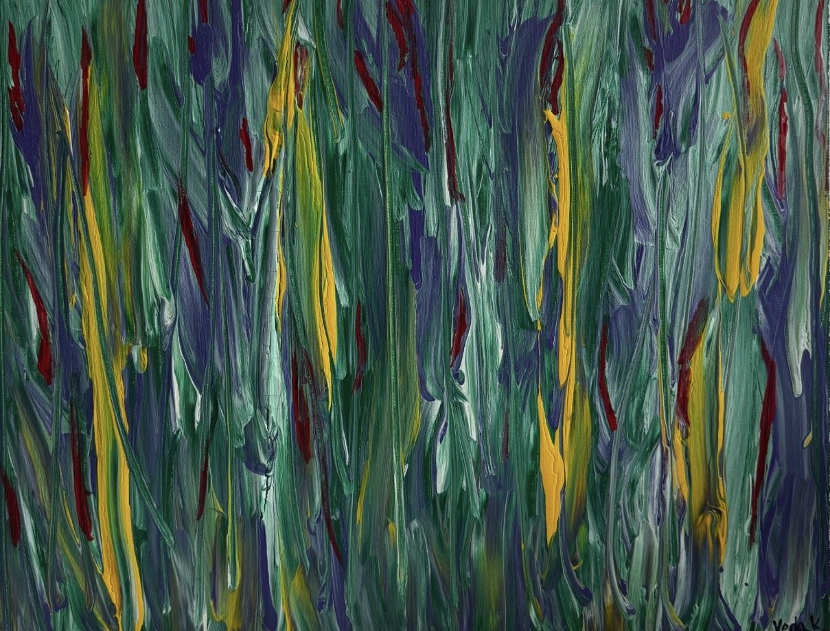 Abstract painting with vertical streaks of green, yellow, purple, and red colors.