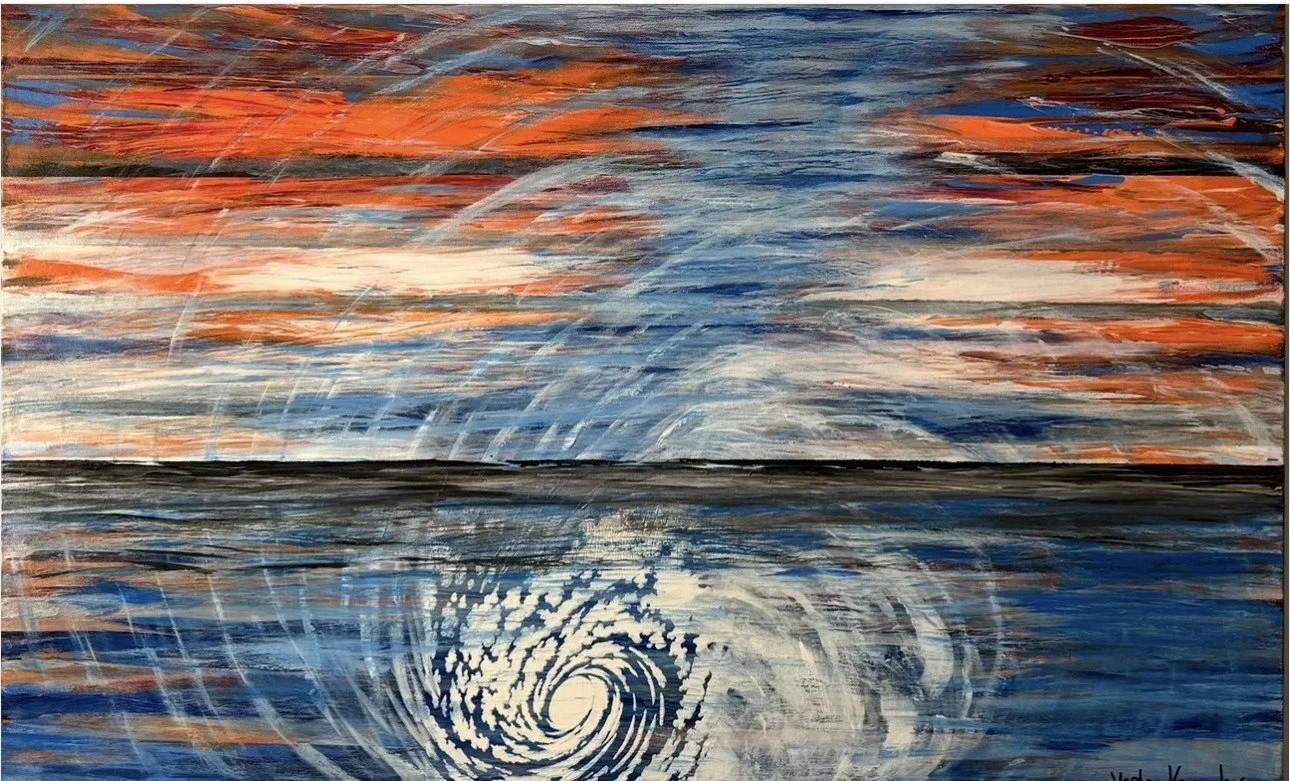 An abstract painting of a stormy sea and sky, with swirling patterns and vibrant orange, blue, and white colors, depicting a hurricane or cyclone.