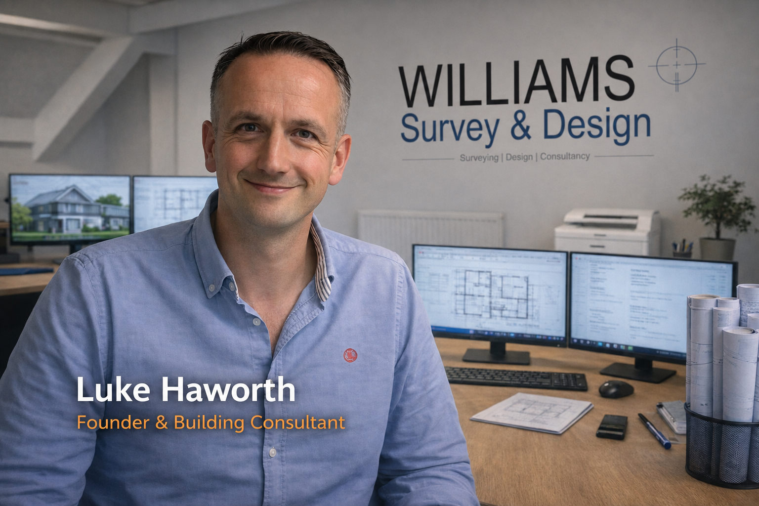 A man smiling in an office setting with multiple computer monitors displaying architectural plans and a house model. On the wall behind him, there is a sign that reads 'WILLIAMS Survey & Design,' indicating a surveying and design business. The man is identified as Luke Haworth, Founder & Building Consultant.