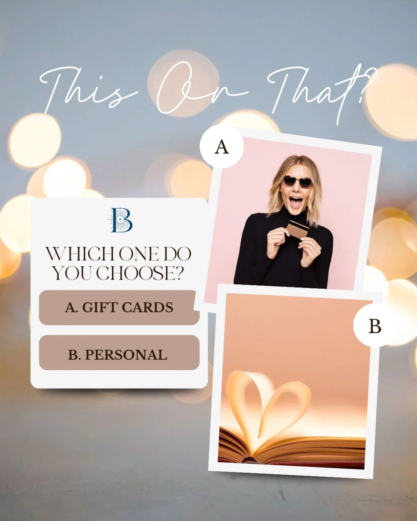 🎁which do you prefer??
A) gift cards for anywhere 
B) personal gifts 
.
.
#thisorthat #holidaymode #giftgivingideas