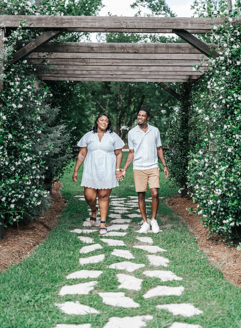 Couple engagement portraits in pine forest at Chande Pines Pembroke Georgia cinematic photography