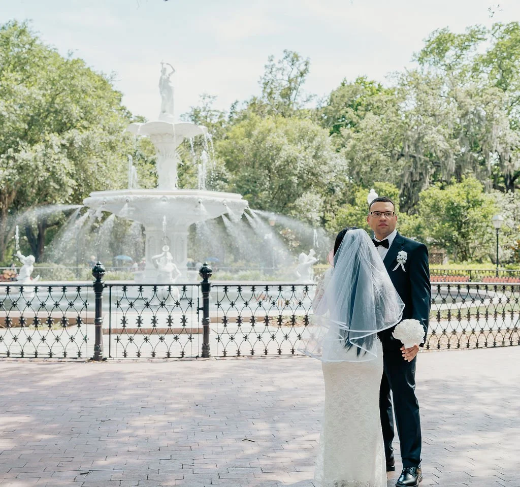 Savannah GA wedding couple at Forsyth Park Fountain under Spanish moss cinematic wedding photography by ARG Foto