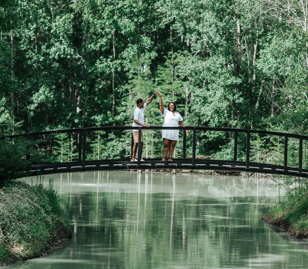 Couple engagement portraits in pine forest at Chande Pines Pembroke Georgia cinematic photography