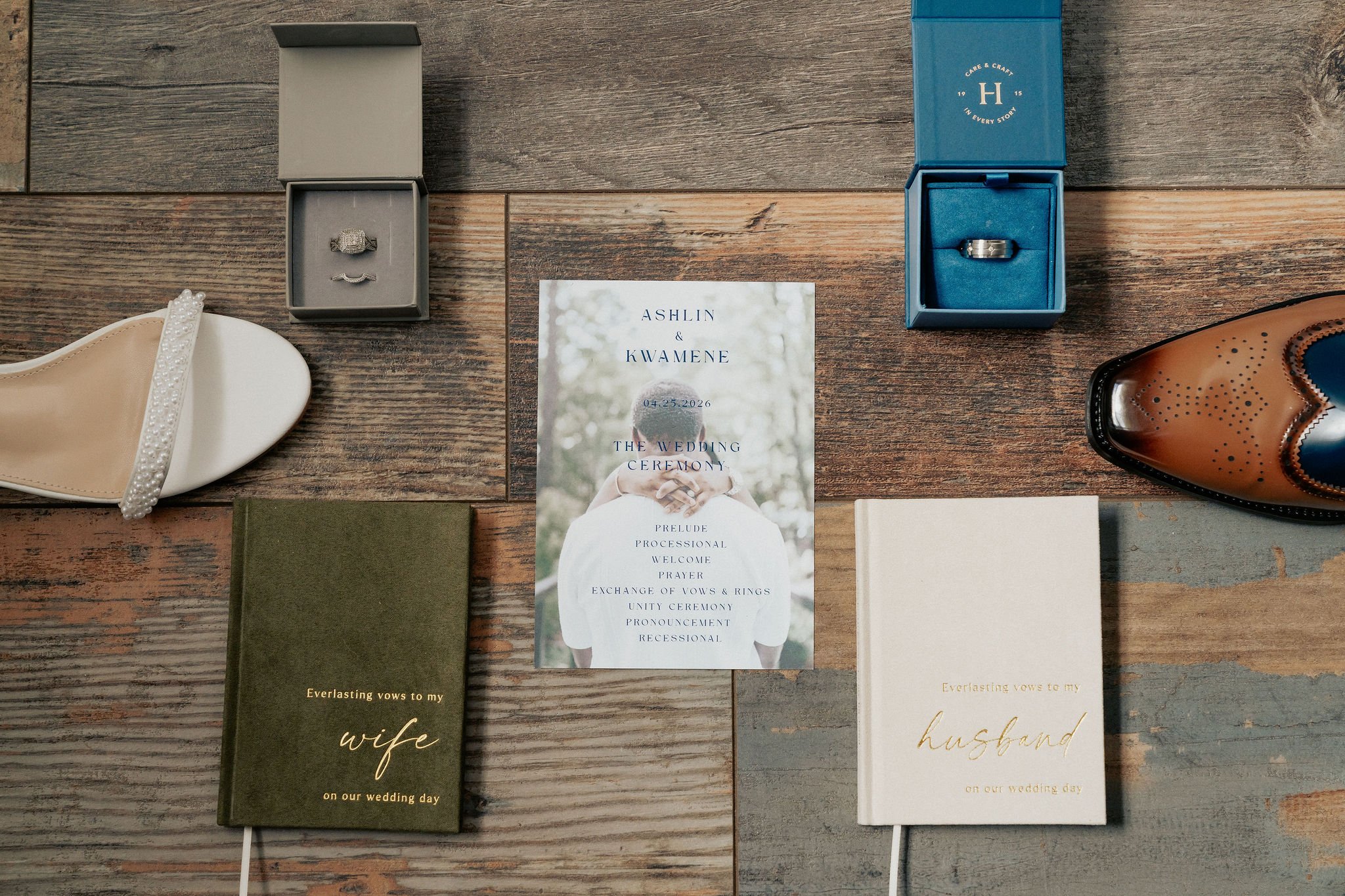 Richmond Hill GA wedding flat lay rings wedding bands vow books and ceremony program luxury wedding detail photography by ARG Foto