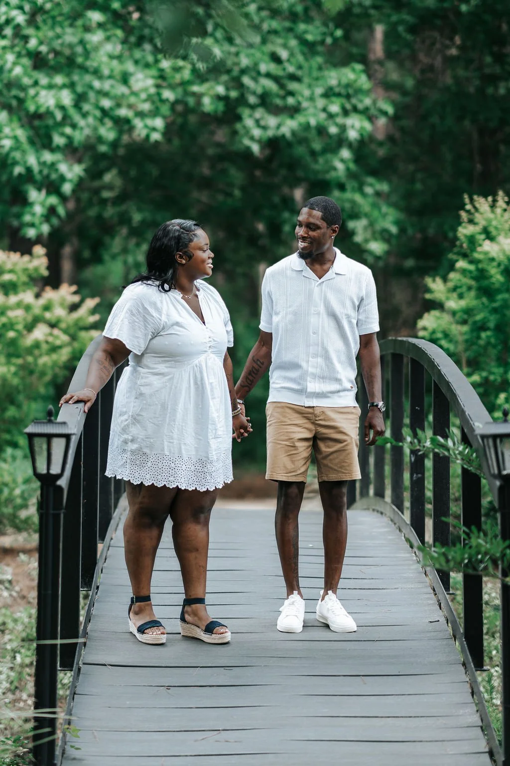 Couple engagement portraits in pine forest at Chande Pines Pembroke Georgia cinematic photography