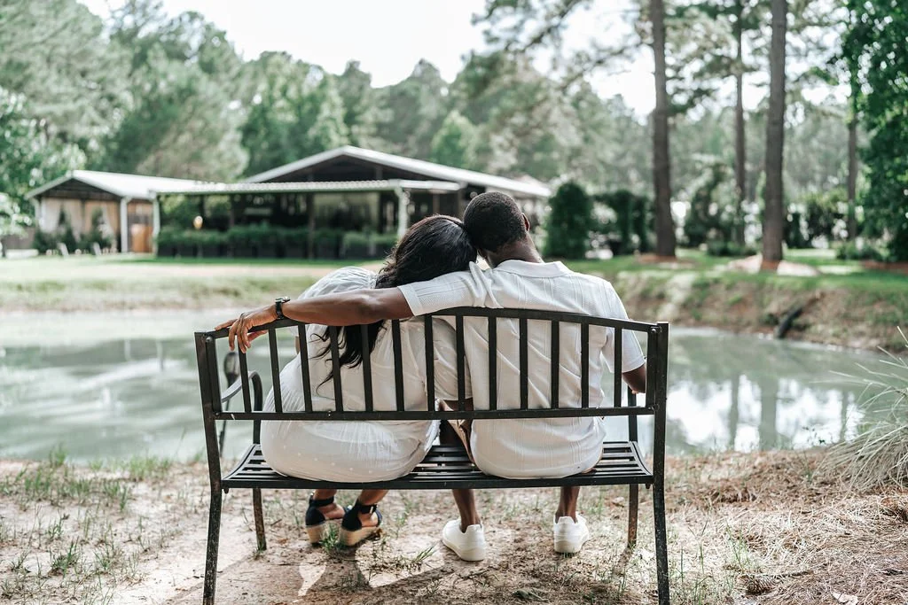 Couple engagement portraits in pine forest at Chande Pines Pembroke Georgia cinematic photography