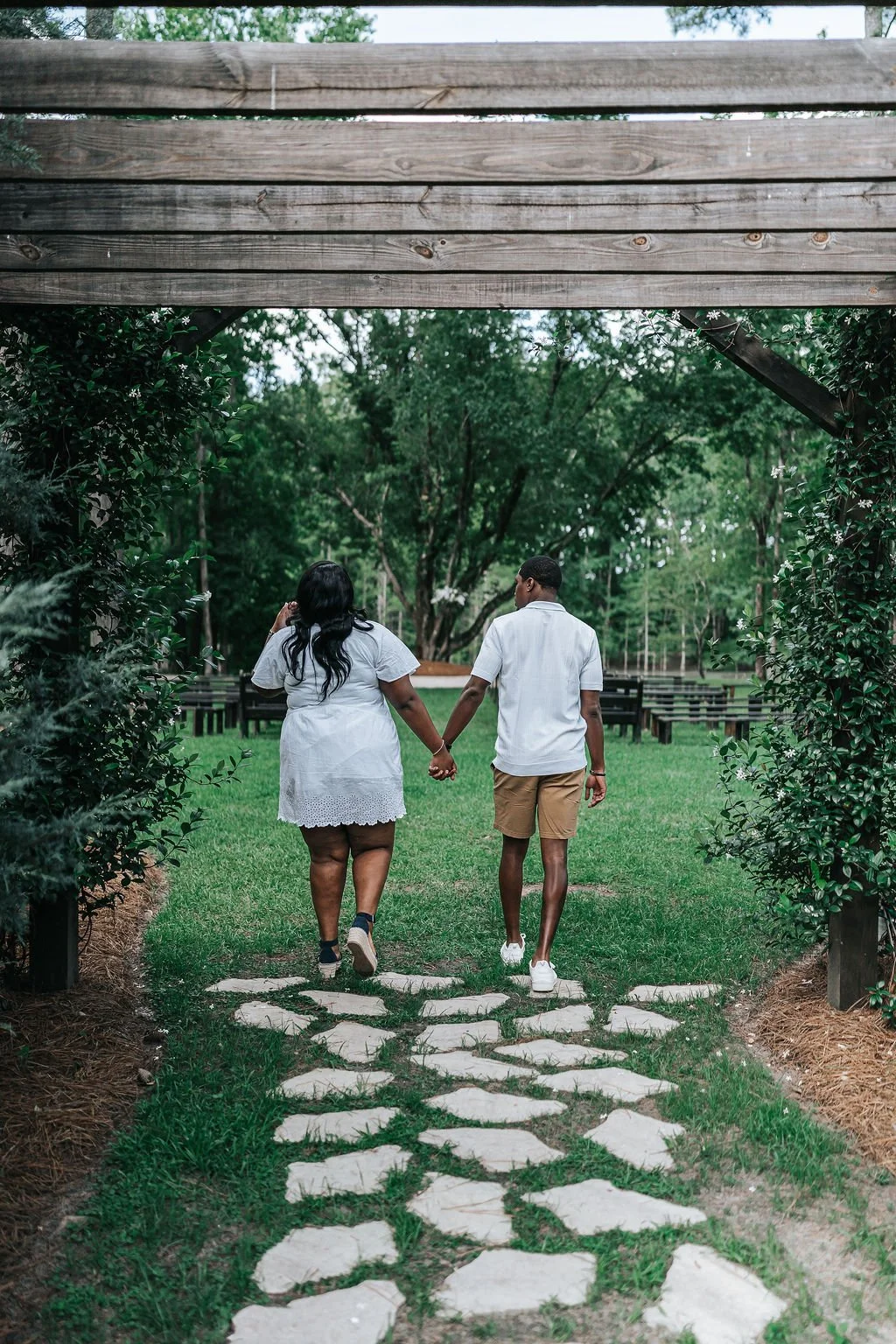 Couple engagement portraits in pine forest at Chande Pines Pembroke Georgia cinematic photography