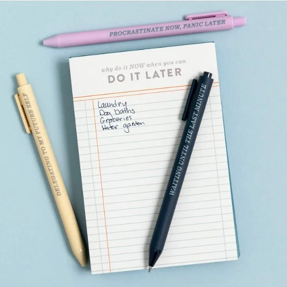 For the chronically delayed and proud of it 😉 Procrastinators, your desk just got an upgrade. This compact cutie features 120 ledger-style sheets with blue gilded edges and a message that truly understands your workflow:
&ldquo;Why do it now when yo