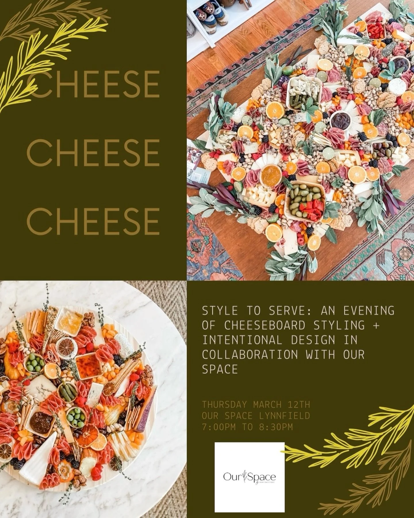 Join @olive_and.fig at Our Space for a curated night of cheeseboard styling, intentional design, and community. Each attendee will leave with a handcrafted board they styled themselves and beautiful cheese knives to elevate their hosting at home!

We