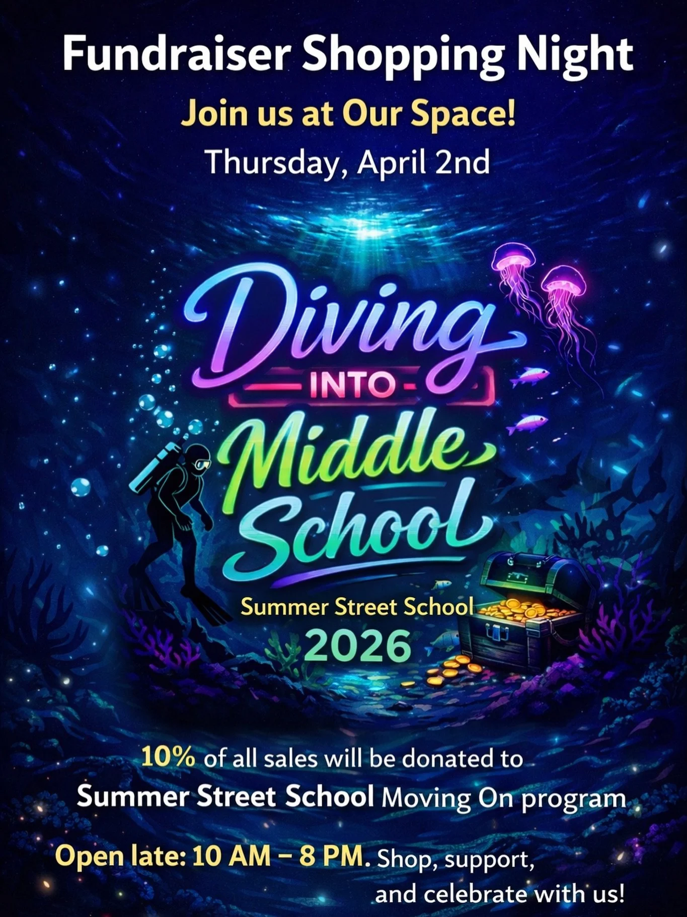Join us on Thursday, April 2nd for a special Fundraiser Shopping Night!

We&rsquo;ll be donating 10% of all sales to support the Summer Street School Moving On.

It&rsquo;s the perfect opportunity to pick up those last-minute Easter basket goodies, t