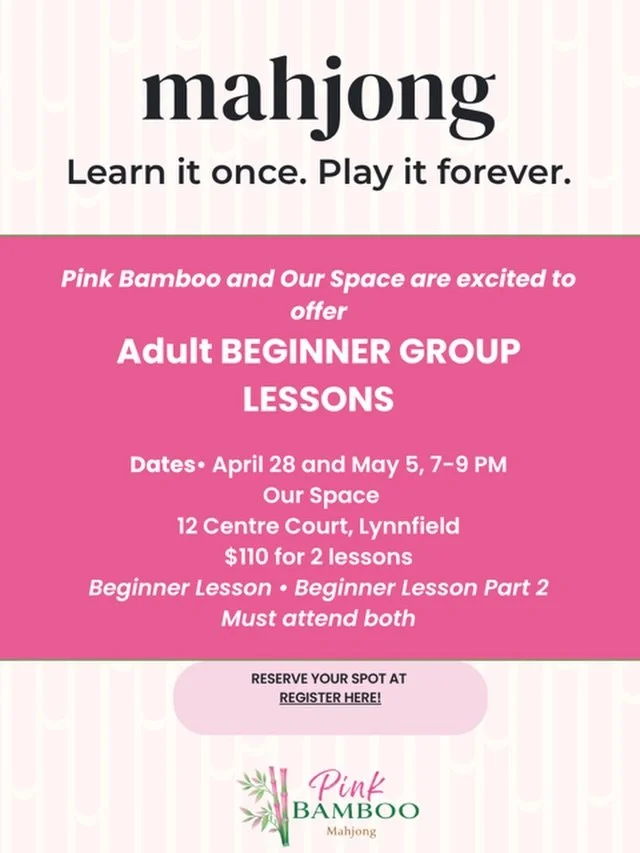 We are hosting a beautifully curated introduction to Mahjong with @pinkbamboo.mahj 🩷💚

April 28 and May 5 at 7PM (you have to attend both lessons) 

In this engaging, beginner-friendly lesson, you&rsquo;ll learn the fundamentals of American Mahjong