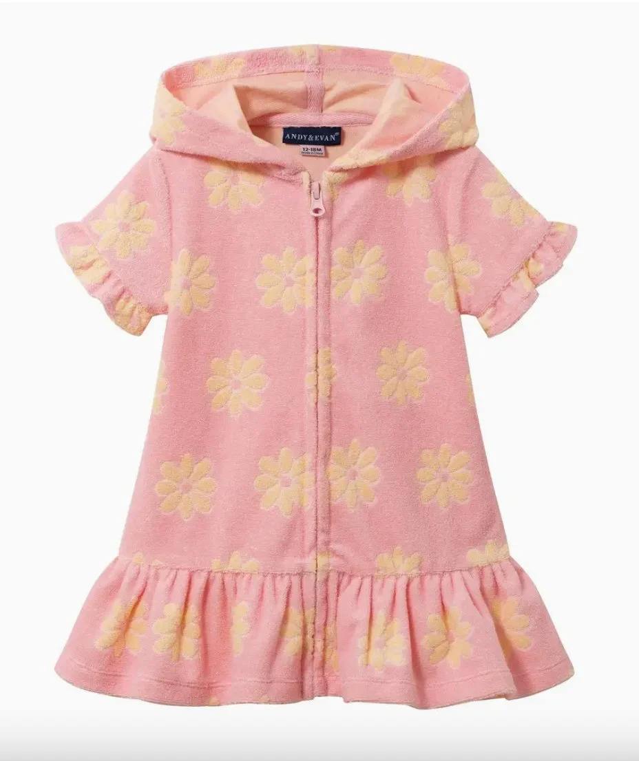 Sweet, sunny, and ready for every first splash. This hooded swim cover-up dress is made for those in-between moments: post-swim cuddles, beach strolls, and poolside play. We have it in 3 colorways: peach daisies, white with neon trim and purple. The 