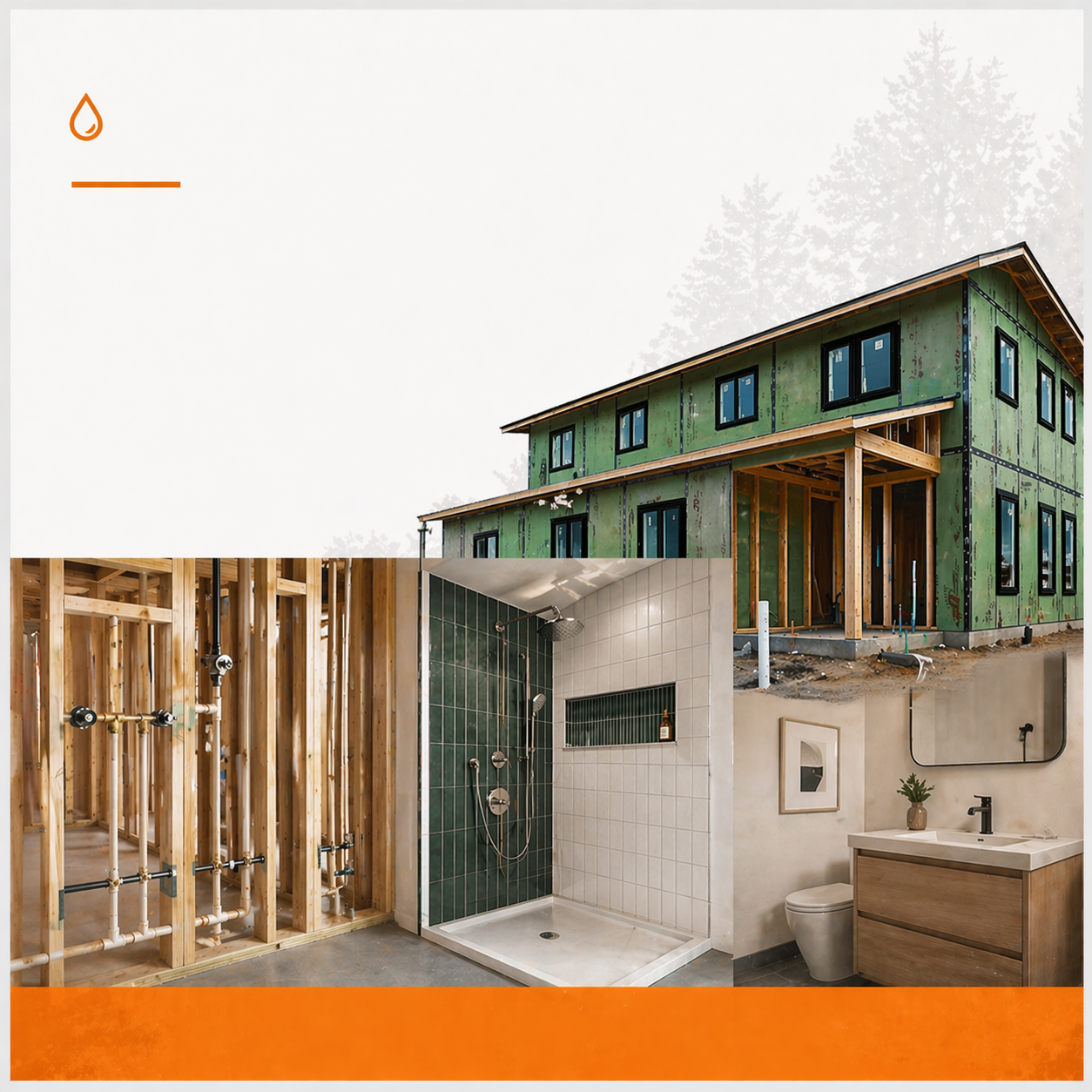An illustration of a house under construction, a bathroom with green and white tiled shower area, and a bathroom vanity with a plant and framed artwork.
