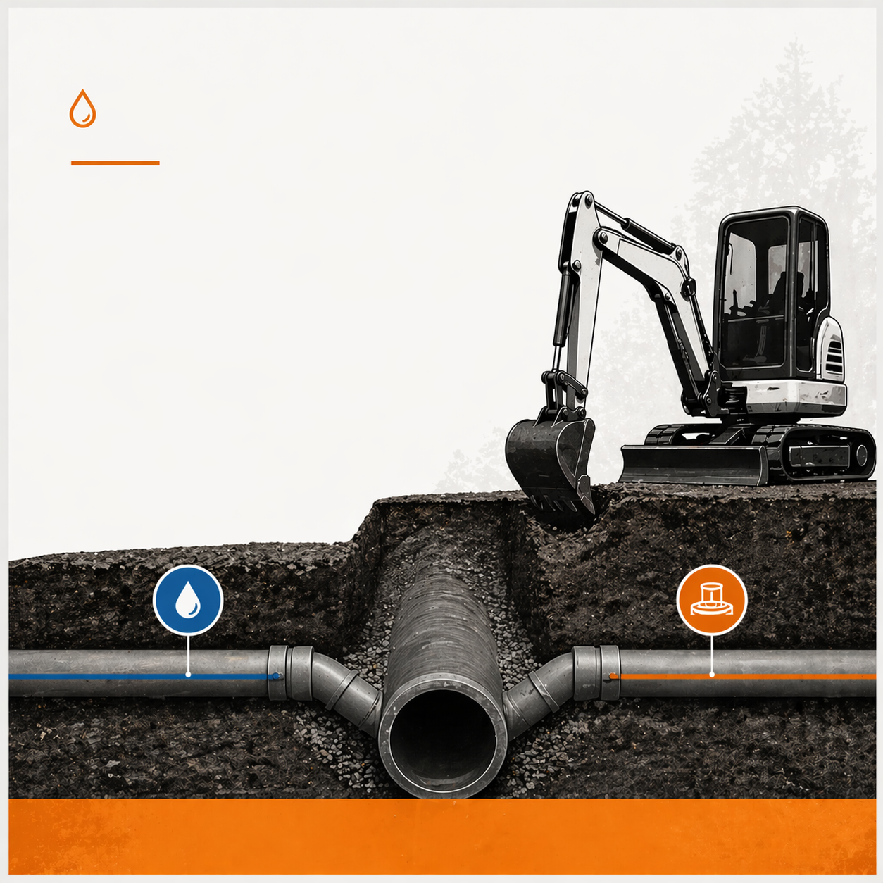 Illustration of a construction site with a small excavator on the ground next to underground pipelines. The pipelines have icons indicating water and another material, possibly indicating water supply or drainage system installation.