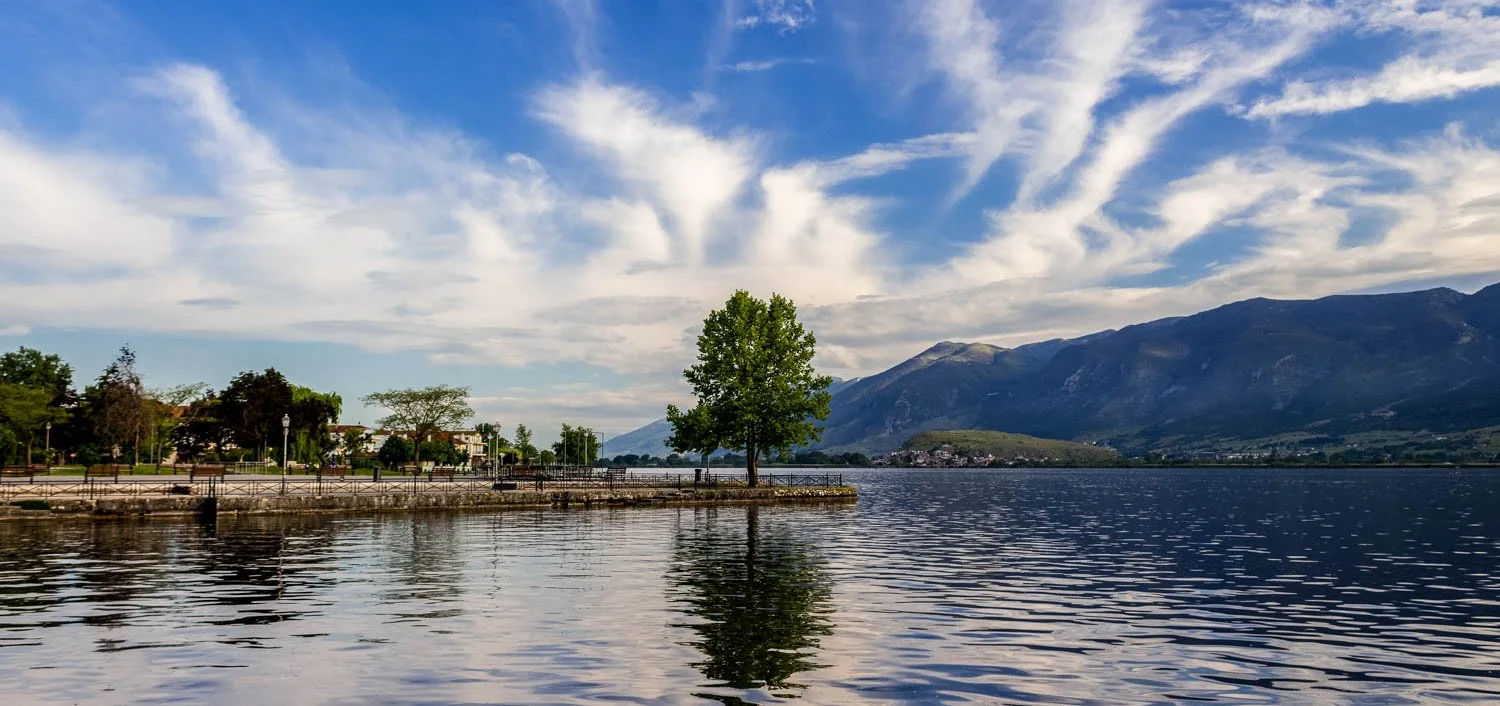 A calm lake with a single tree on the shore, mountains in the background, and a partly cloudy sky.
