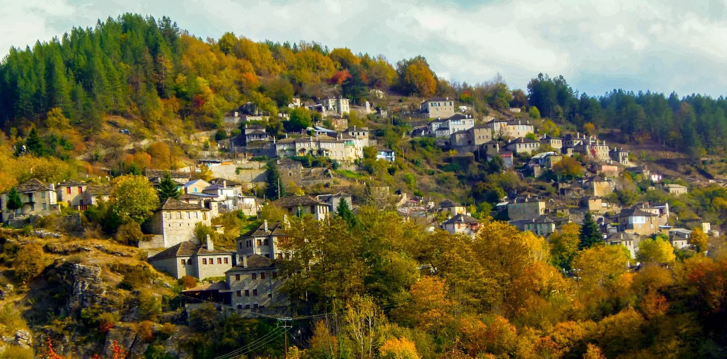 Houses on a hillside surrounded by trees with autumn foliage.