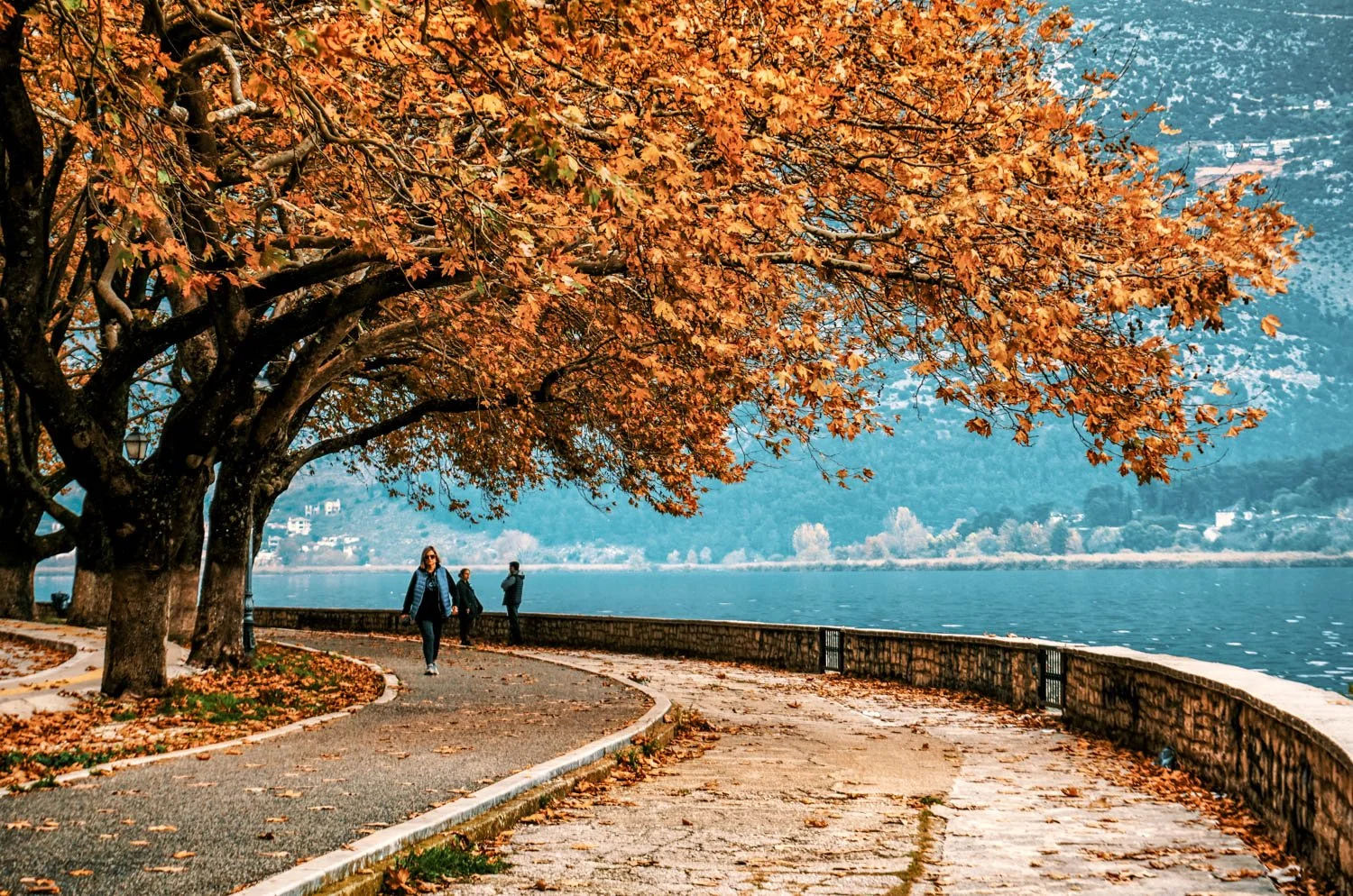 People walking along a riverside path surrounded by orange autumn trees and overlooking a body of water with mountains in the background.