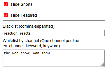A screenshot of the popup showing the options to hide shorts, hide featured, add keywords to blacklist, and add whitelisted keywords by channel.
