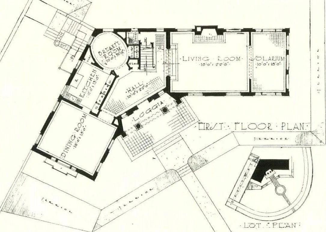 For Mr. and Mrs. ⁠Earl Stanza of St. Louis, Missouri , architect Thomas P. Barnett⁠ would design a striking Mediterranean Revival style home centered on a large Palladian-motif entry with corresponding angled wings. ⁠Located on an unusually shaped co