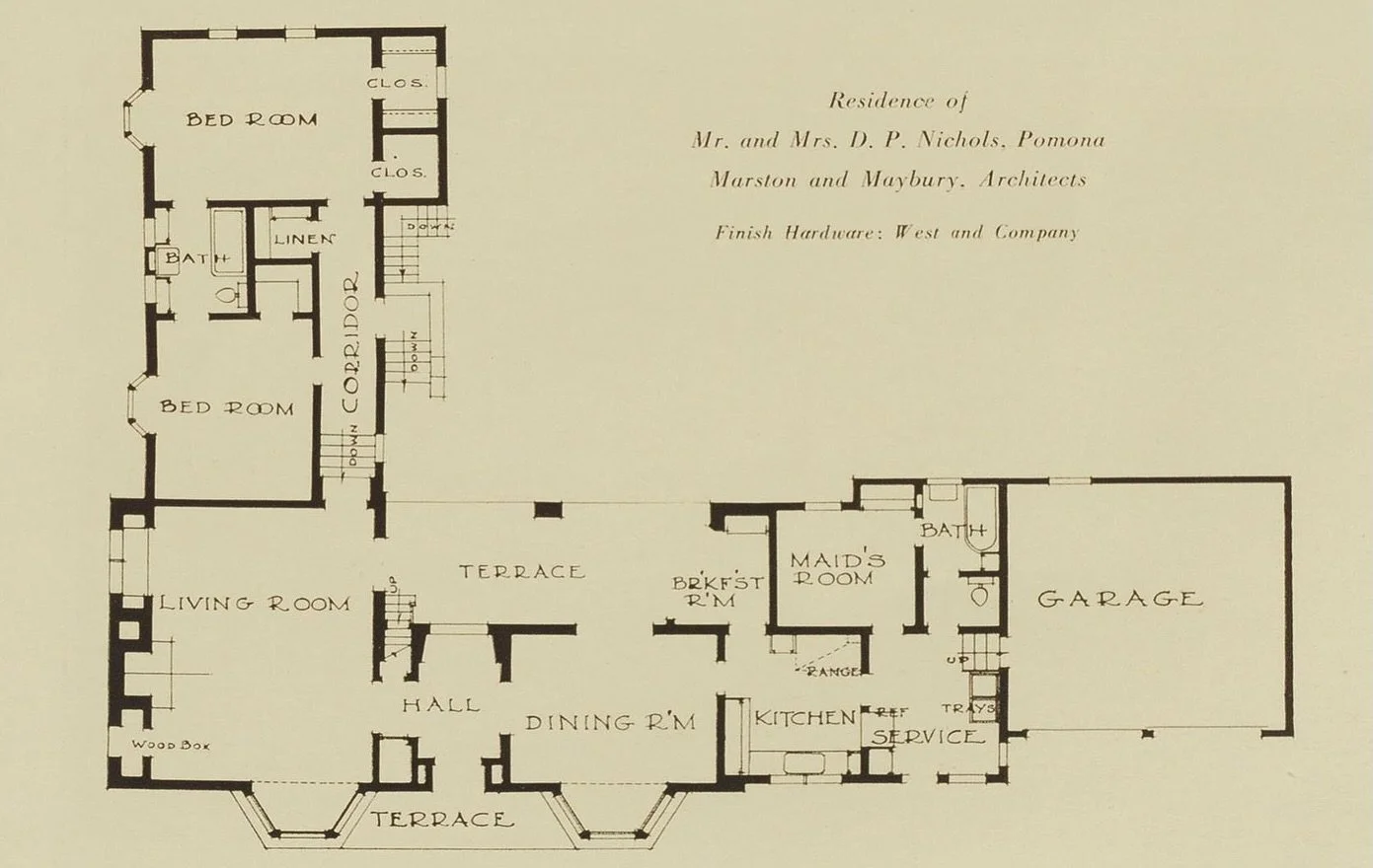 For Mr. and Mrs. Donald P. Nichols⁠, Marston and Maybury⁠ would design an English-inspired cottage in the rolling hills of Pomona.⁠ The home&rsquo;s street-facing facade features two prominent bay windows, enlivening the almost ascetic facade, which 