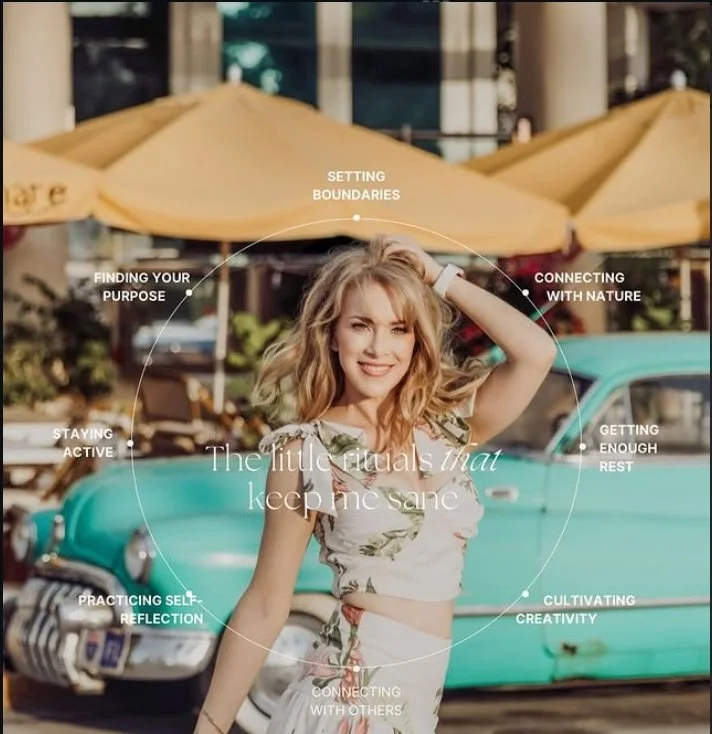 Young woman smiling outdoors in front of vintage car and umbrellas, with motivational text about daily routines.
