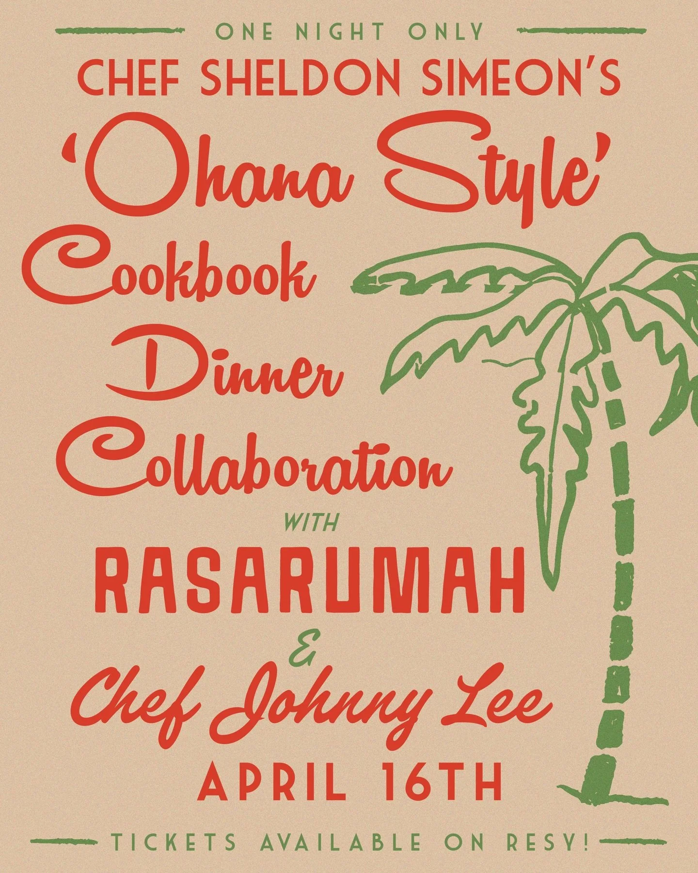 Exciting news!!! Join us for a fun collaboration with @chefwonder, Sheldon Simeon, celebrating his newest cookbook &ldquo;Ohana Style&rdquo; ! A prix fixe meal embracing bold Hawaiian flavors and riffing off Rasarumah favs. Things like shoyu chicken 
