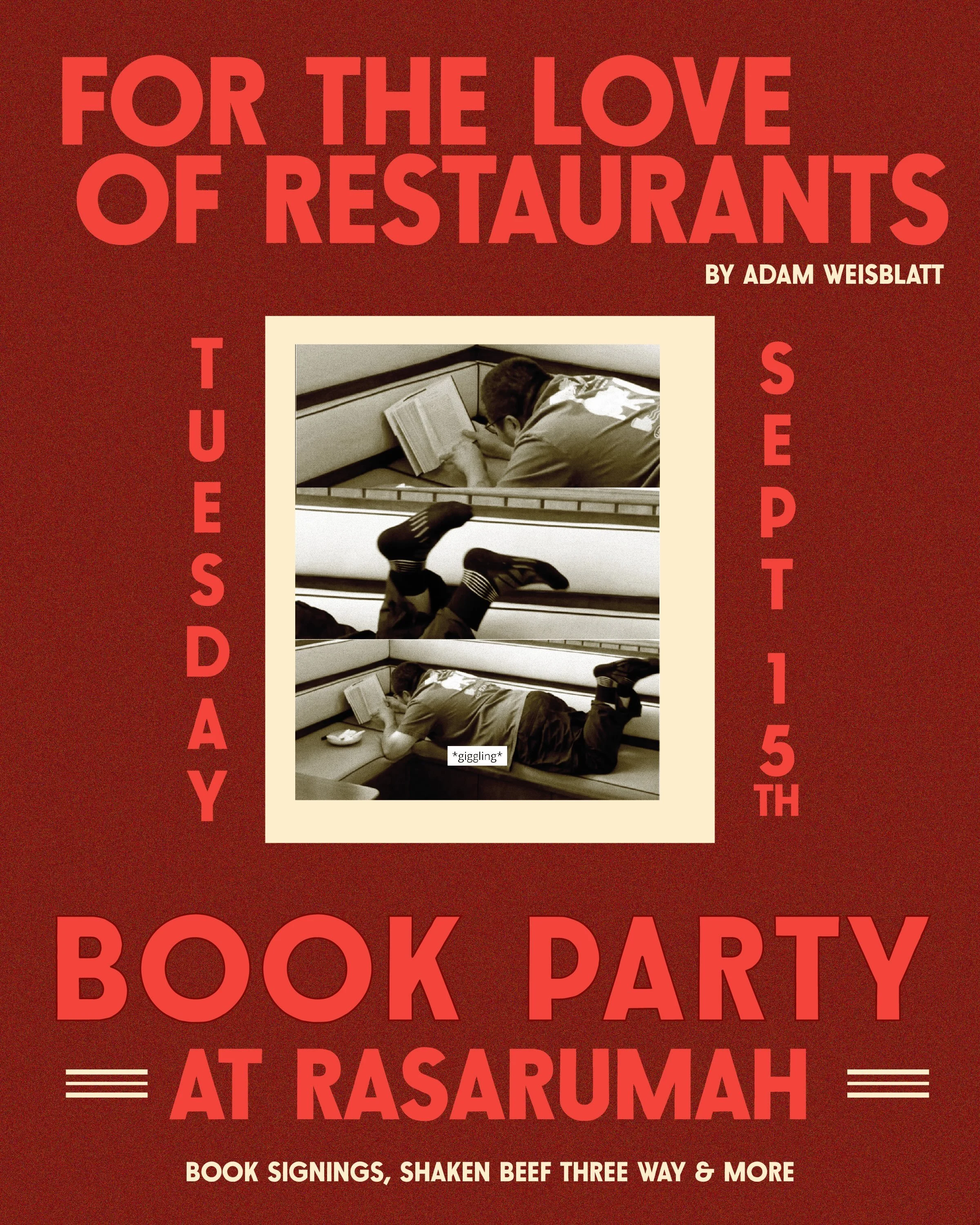 We&rsquo;re celebrating Rasarumah Co-Founder, Adam Weisblatt&rsquo;s debut book, For the Love of Restaurants, with a BOOK + BEEF party!

We&rsquo;ll be slingin&rsquo; Chef Johnny Lee&rsquo;s take on Adam&rsquo;s New England hometown classic &mdash; a
