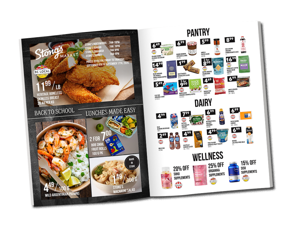 Stong's MArket e-newsletter spread featuring back to school specials, lunches made easy